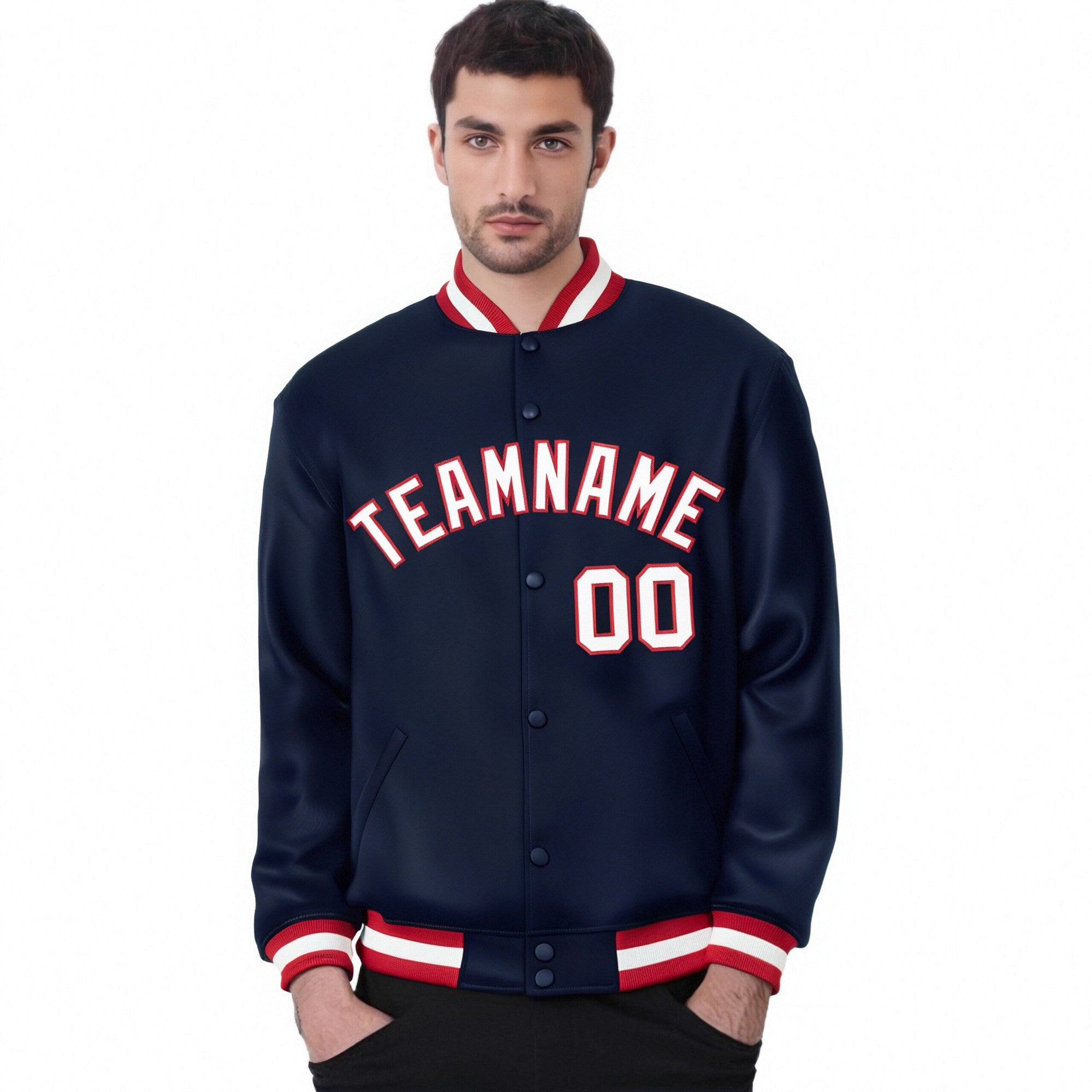 Custom Navy White Red Bomber Full-Snap Varsity Letterman Jacket