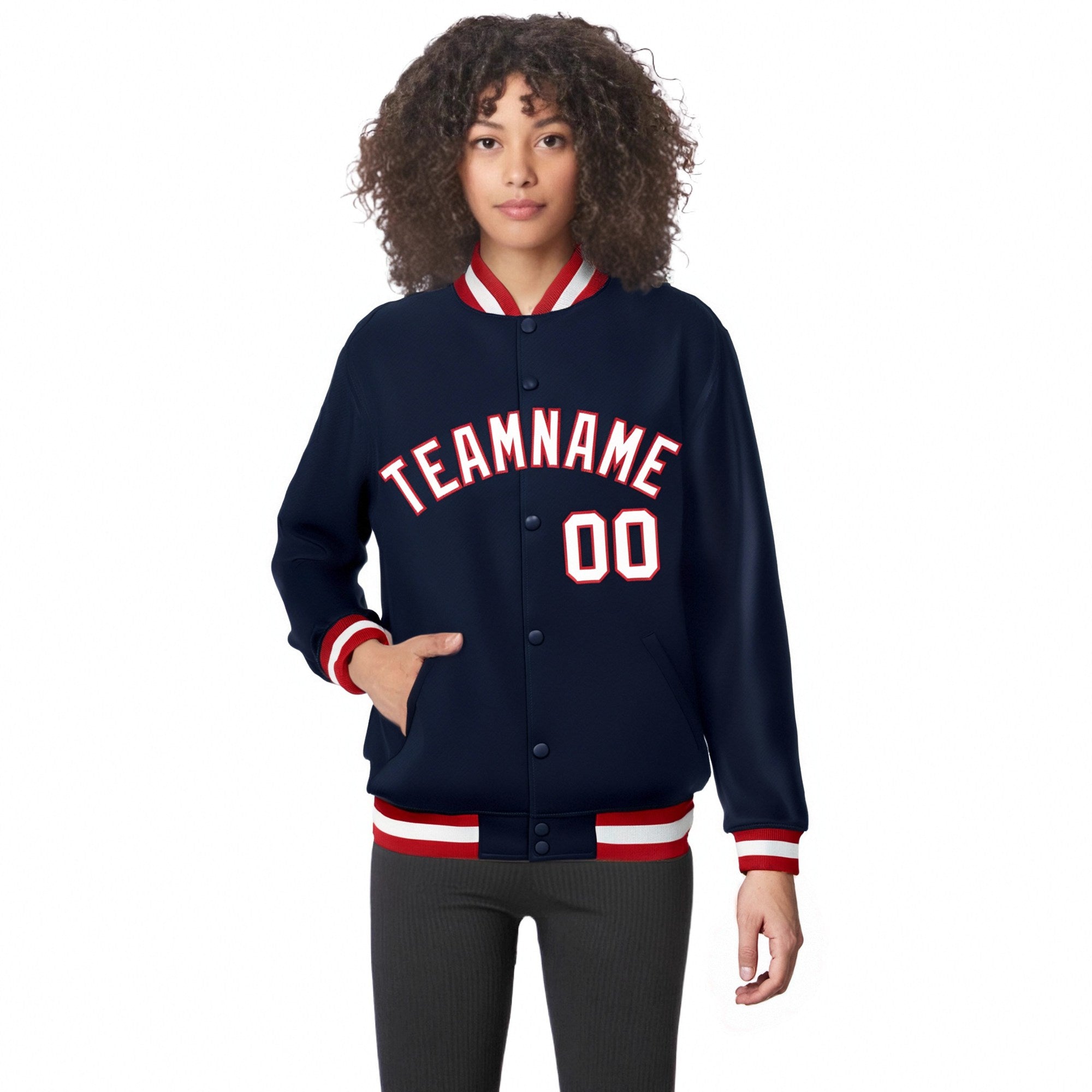 Custom Navy White Red Bomber Full-Snap Varsity Letterman Jacket