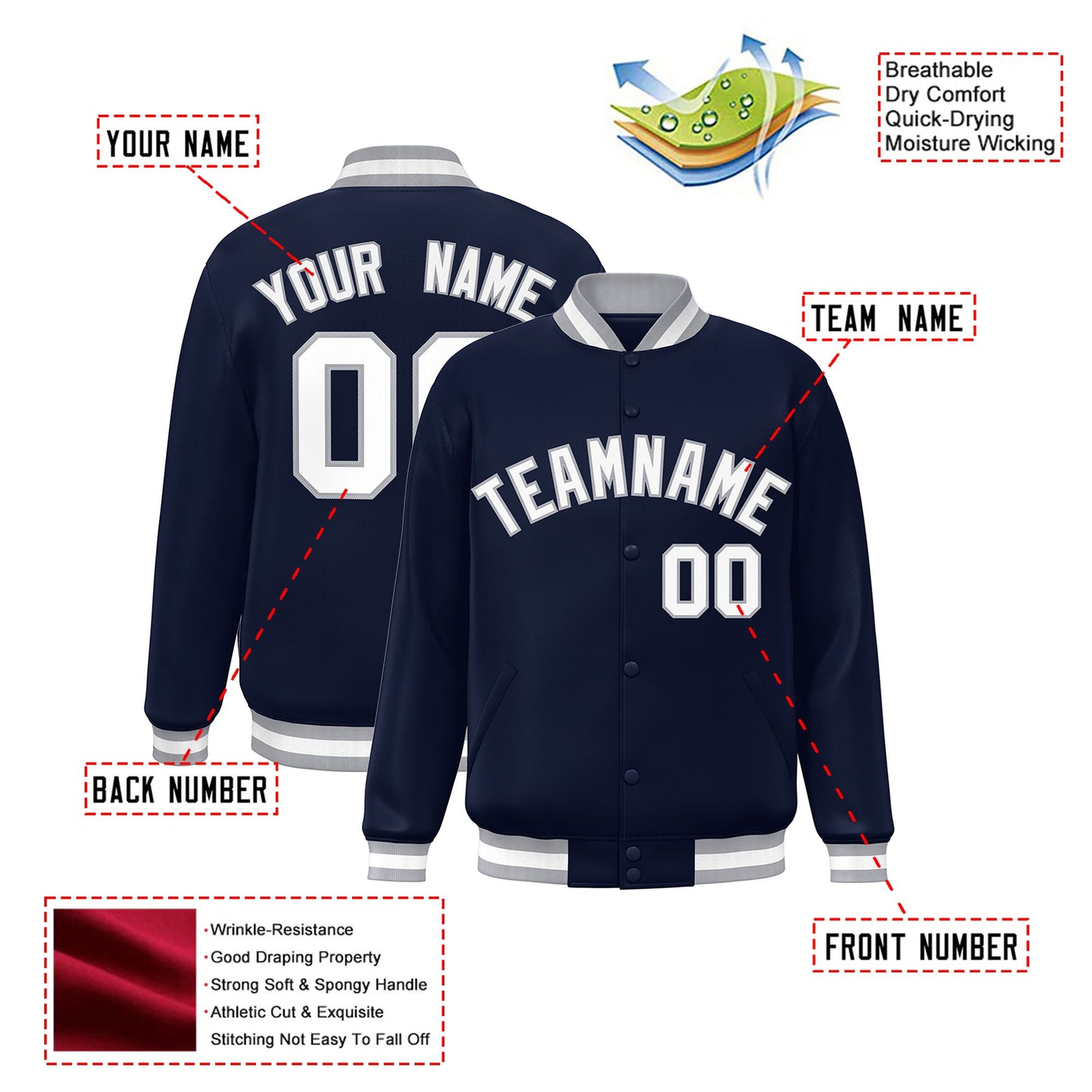 Custom Navy White Gray Bomber Full-Snap Varsity Letterman Jacket