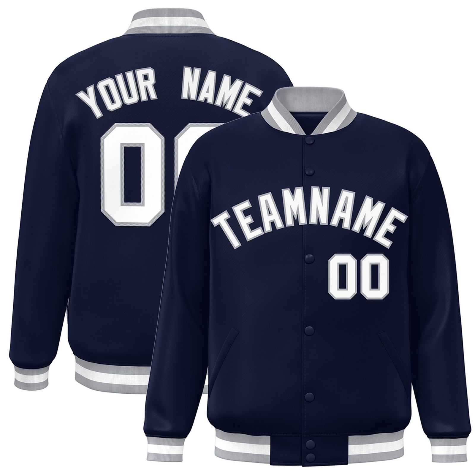 Custom Navy White Gray Bomber Full-Snap Varsity Letterman Jacket