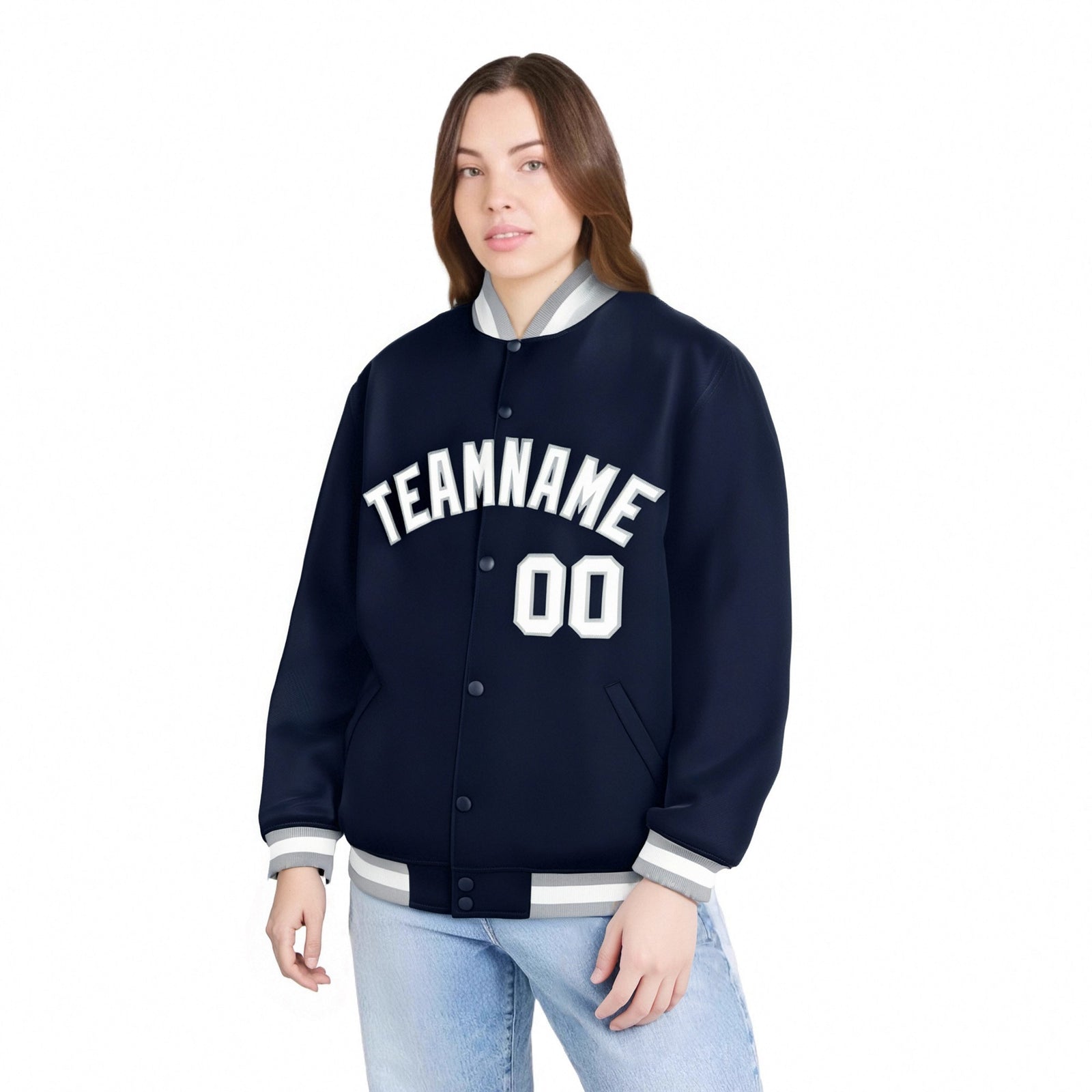 Custom Navy White Gray Bomber Full-Snap Varsity Letterman Jacket