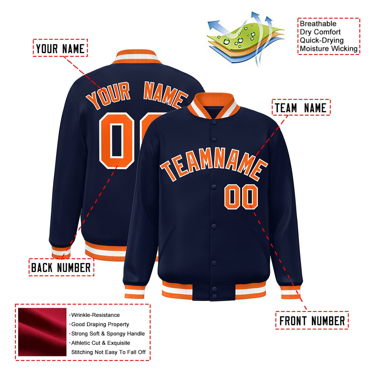 Custom Navy Orange-White Bomber Full-Snap Varsity Letterman Jacket
