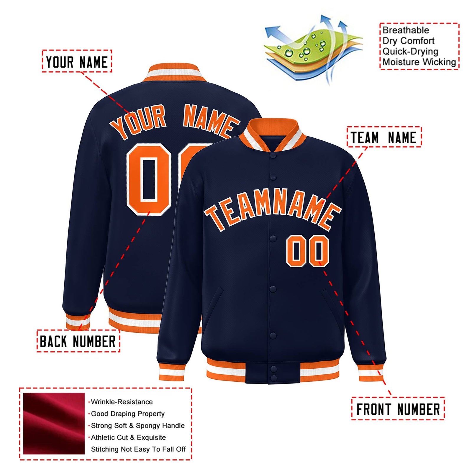 Custom Navy Orange-White Bomber Full-Snap Varsity Letterman Jacket