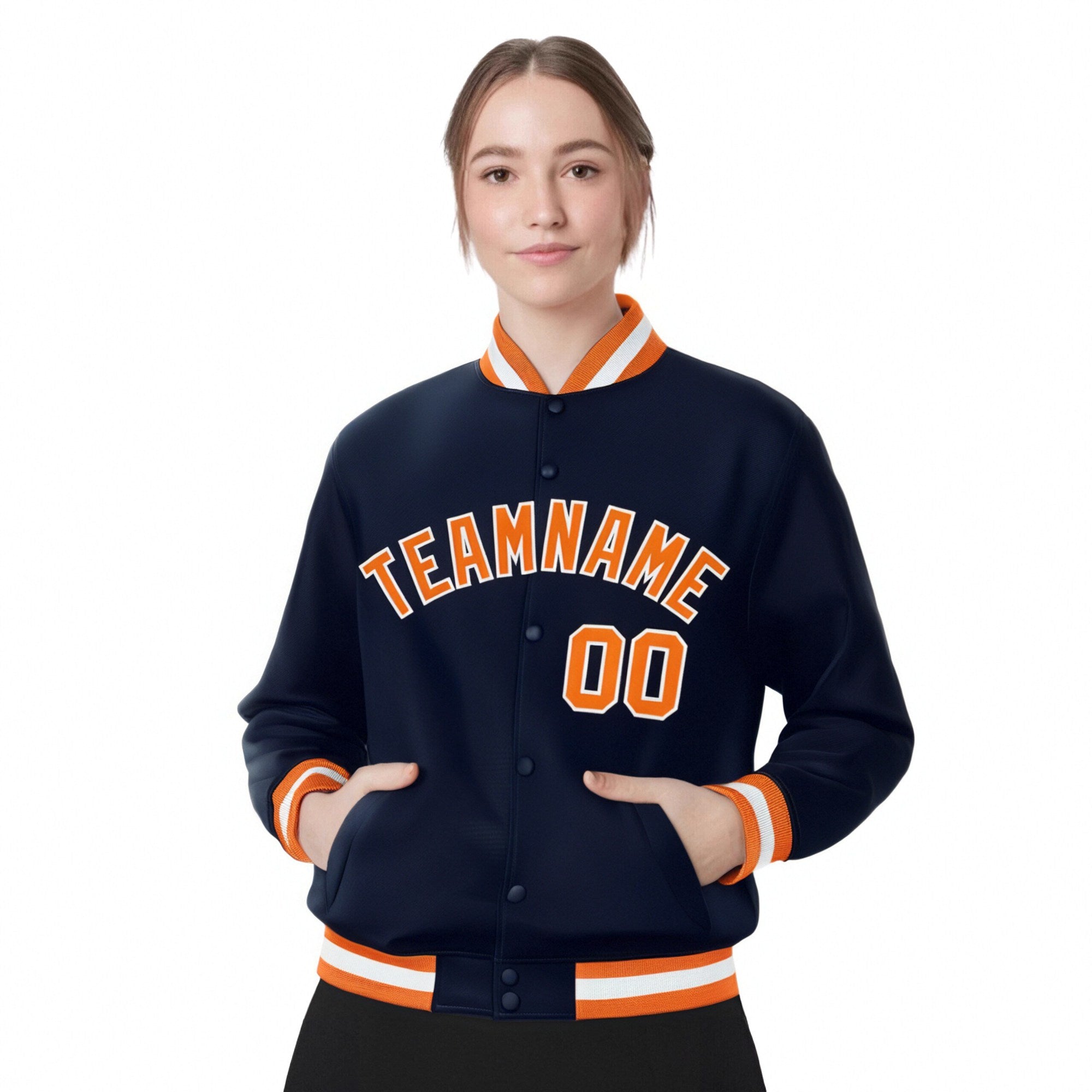 Custom Navy Orange-White Bomber Full-Snap Varsity Letterman Jacket