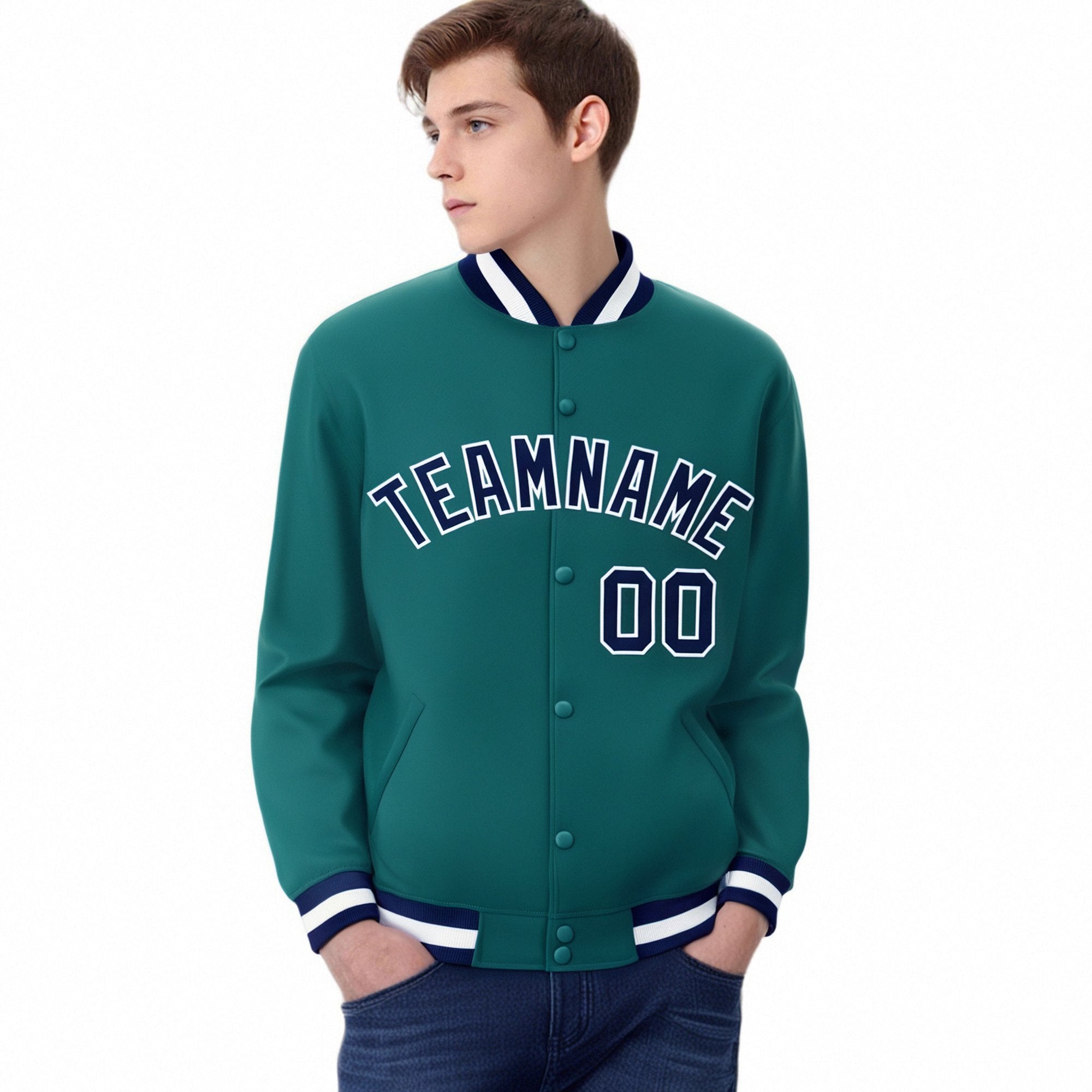 Custom Aqua Navy-White Bomber Full-Snap Varsity Letterman Jacket