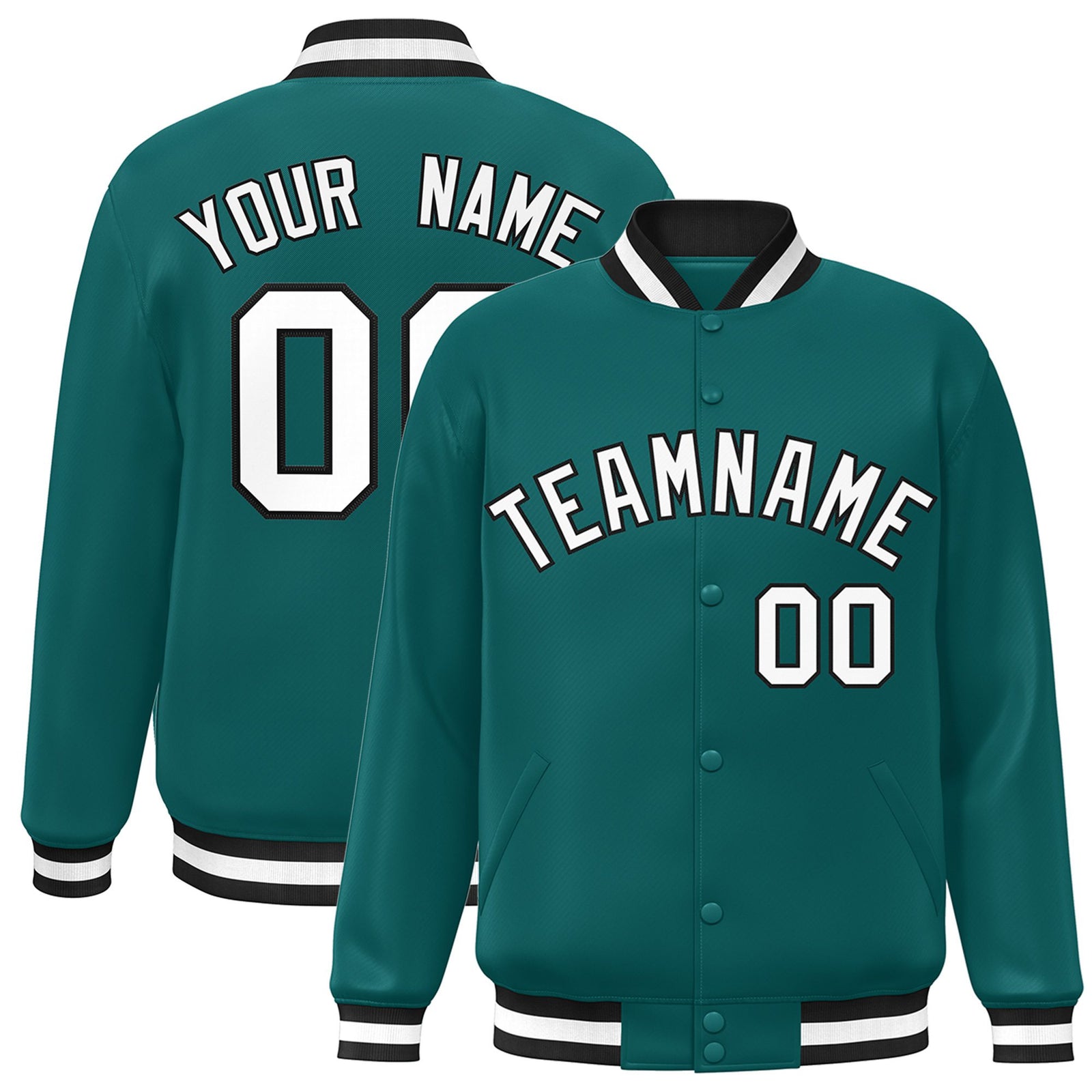 Custom Aqua White-Black Bomber Full-Snap Varsity Letterman Jacket