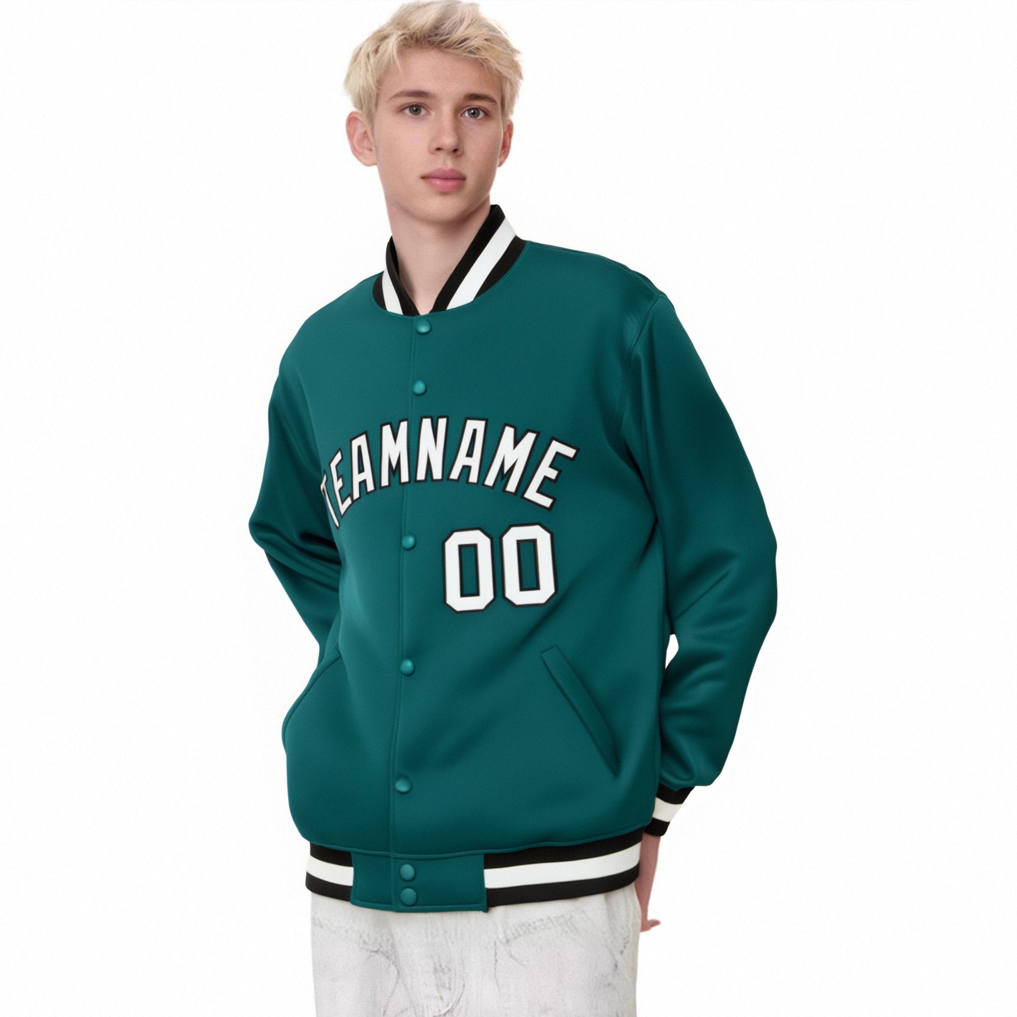 Custom Aqua White-Black Bomber Full-Snap Varsity Letterman Jacket