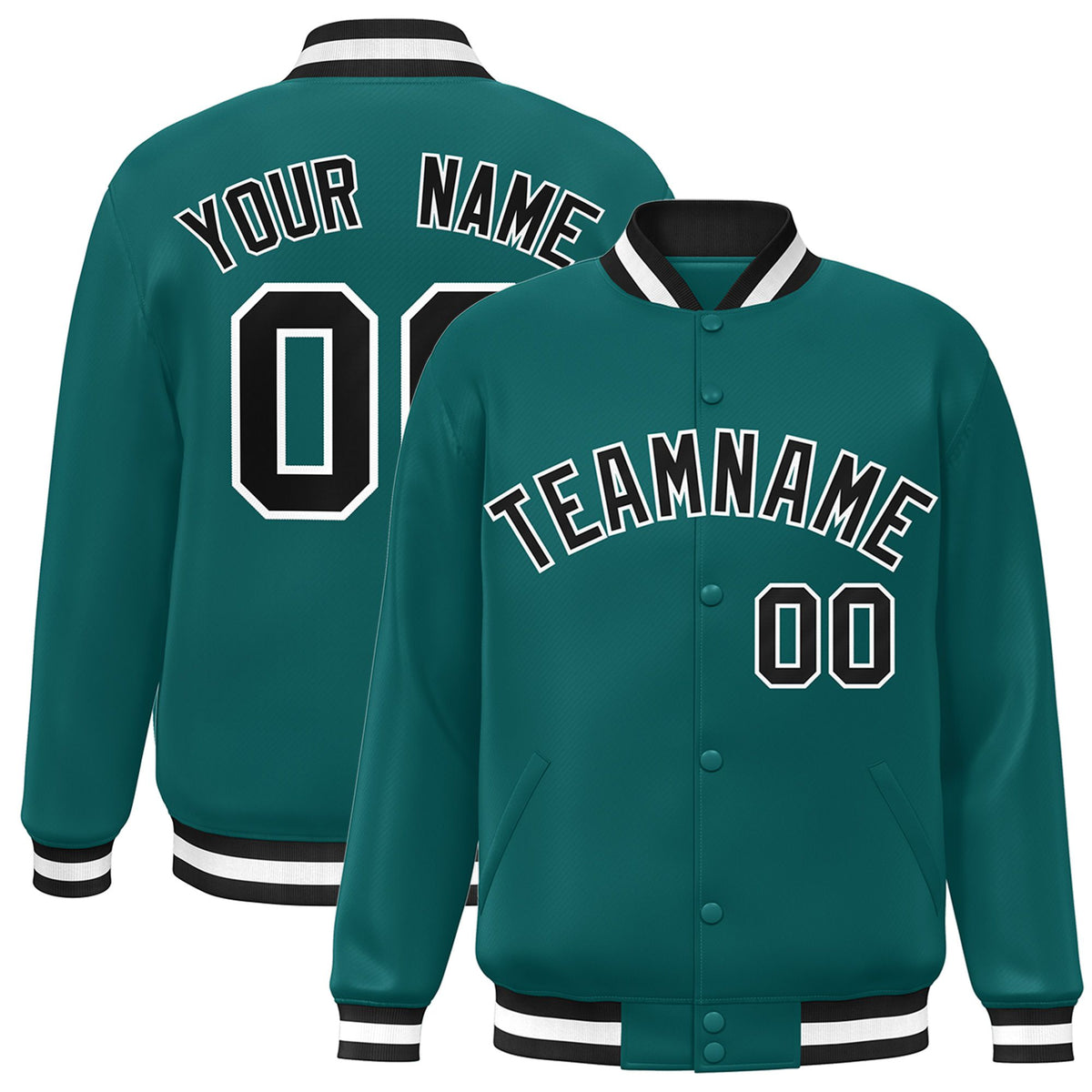 Custom Aqua Black-White Bomber Full-Snap Varsity Letterman Jacket