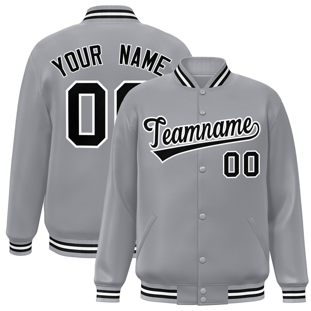 Custom Gray Black-White Bomber Full-Snap Varsity Letterman Jacket
