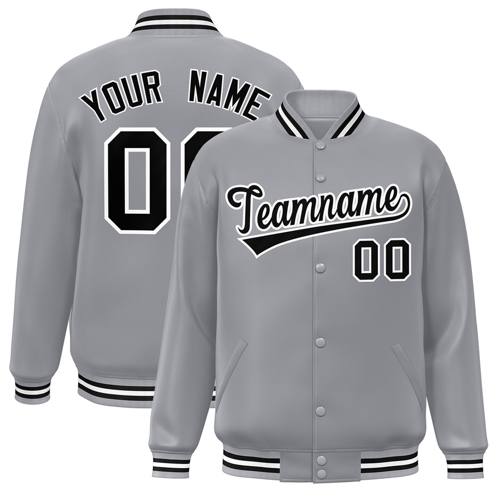 Custom Gray Black-White Bomber Full-Snap Varsity Letterman Jacket
