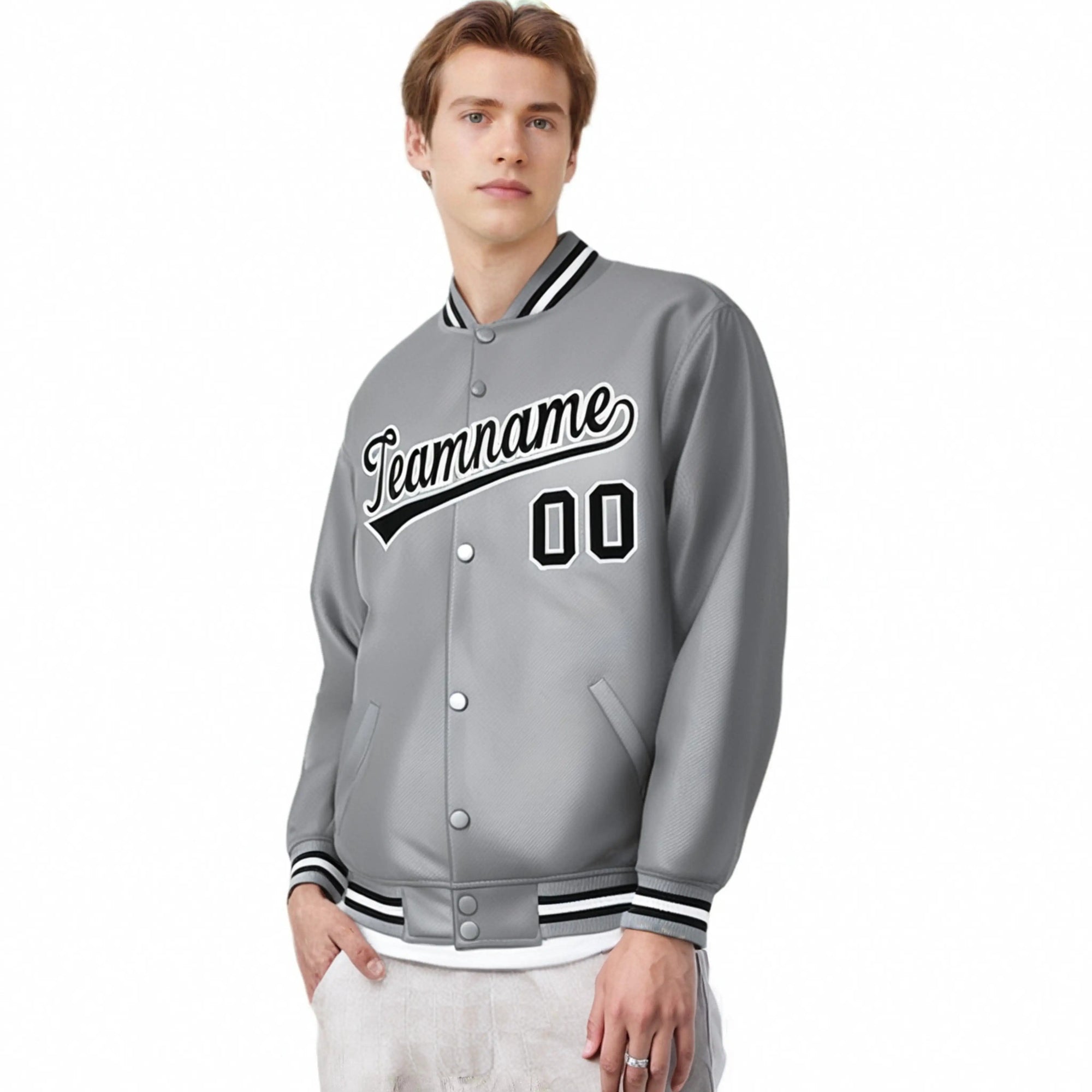 Custom Gray Black-White Bomber Full-Snap Varsity Letterman Jacket