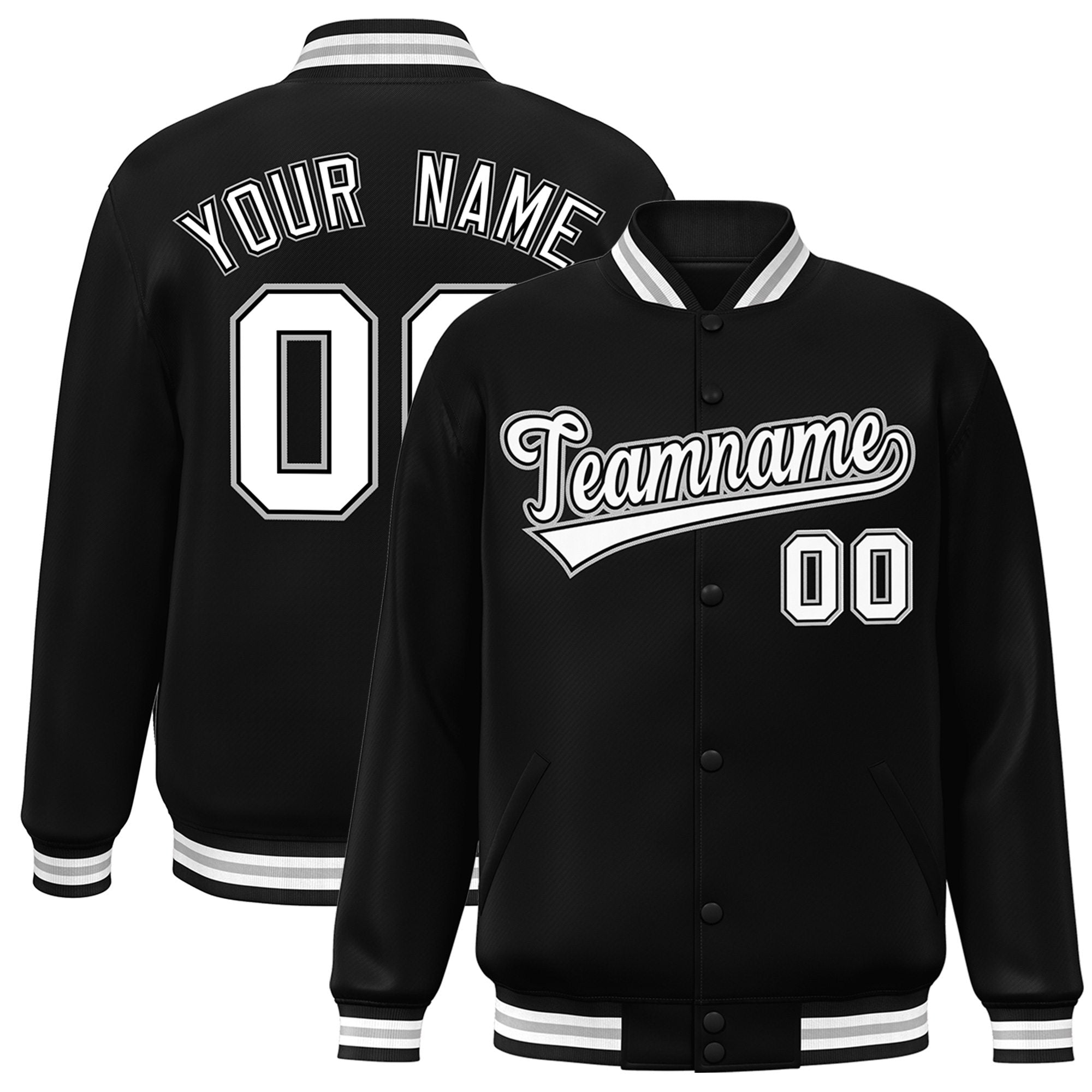 Custom Black White-Gray Bomber Full-Snap Varsity Letterman Jacket