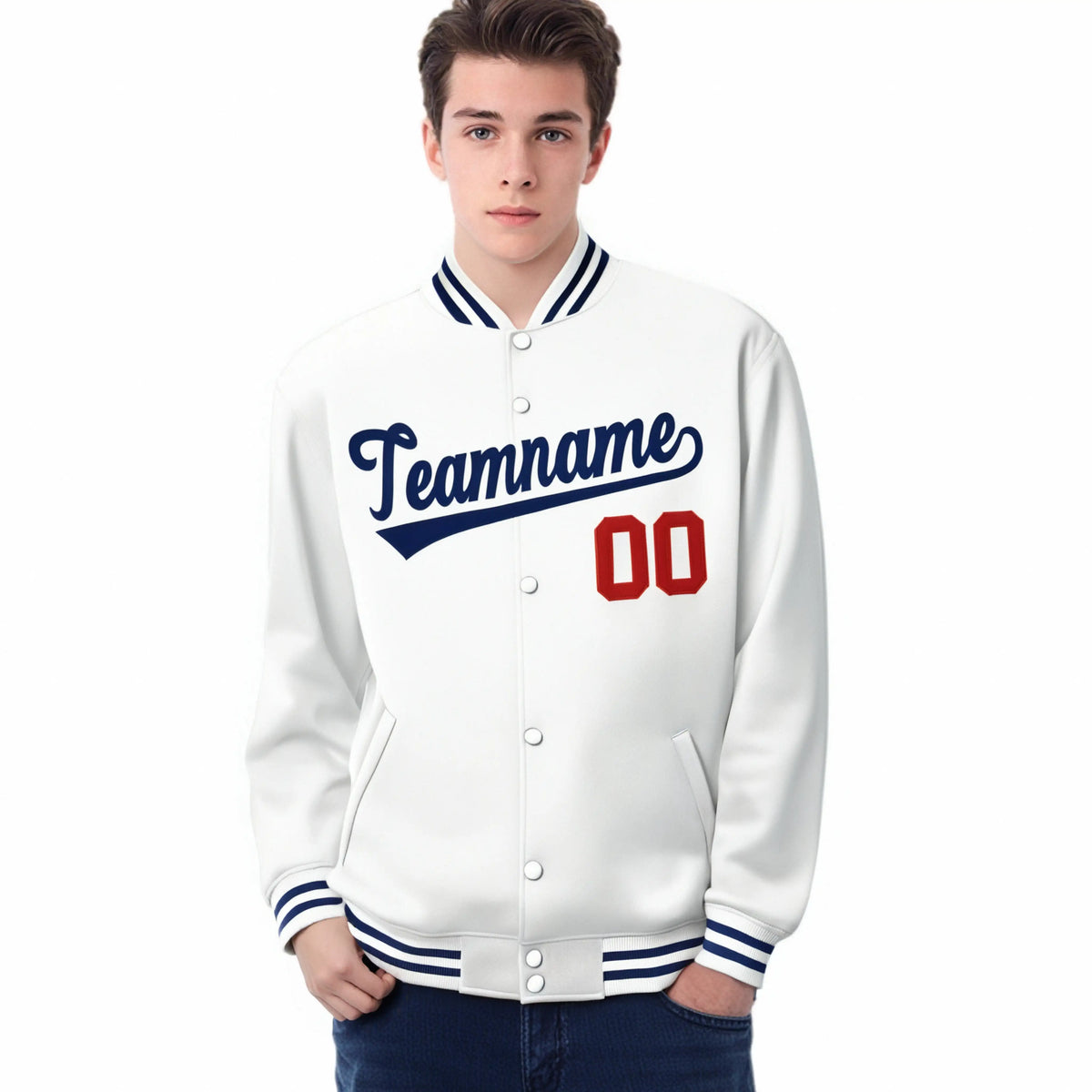Custom White Navy-Red Bomber Full-Snap Varsity Letterman Jacket