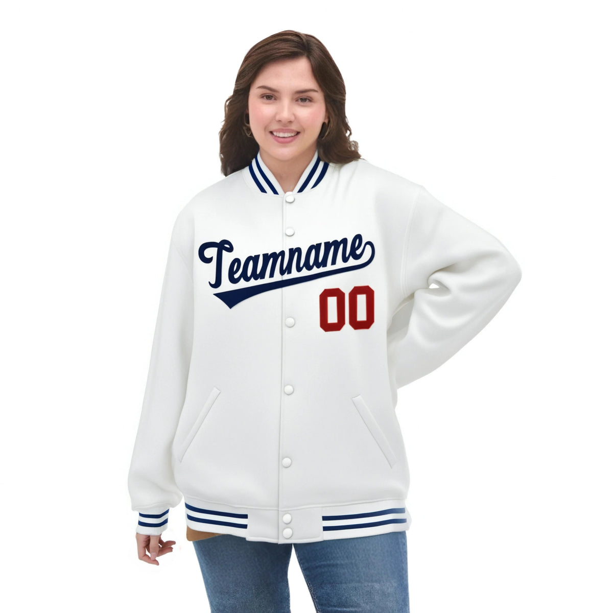 Custom White Navy-Red Bomber Full-Snap Varsity Letterman Jacket