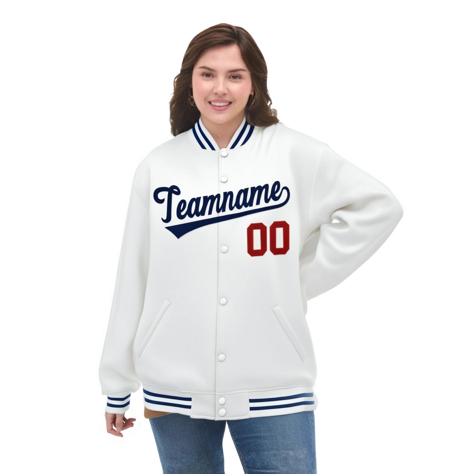 Custom White Navy-Red Bomber Full-Snap Varsity Letterman Jacket