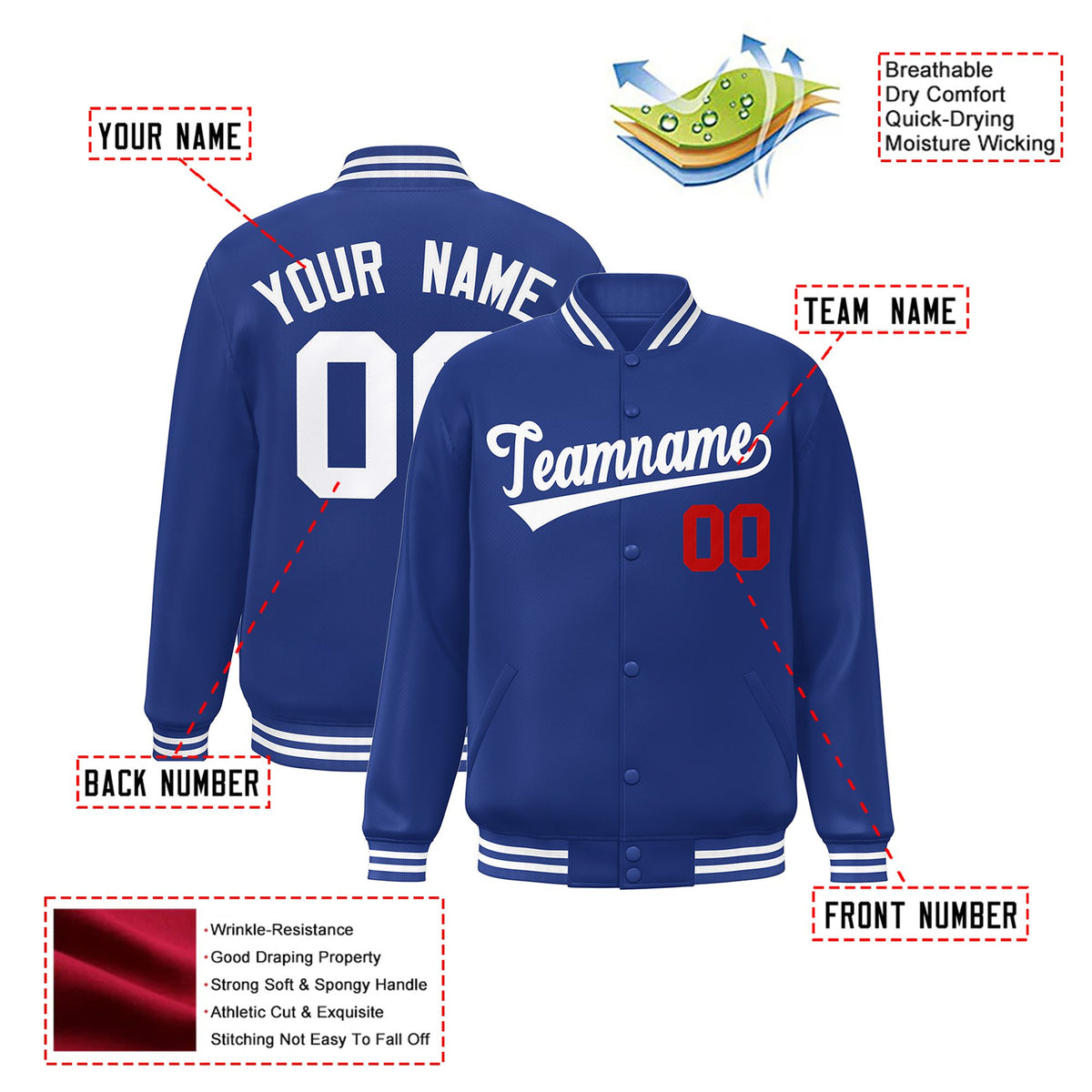 Custom Thunder Blue White-Red Bomber Full-Snap Varsity Letterman Jacket