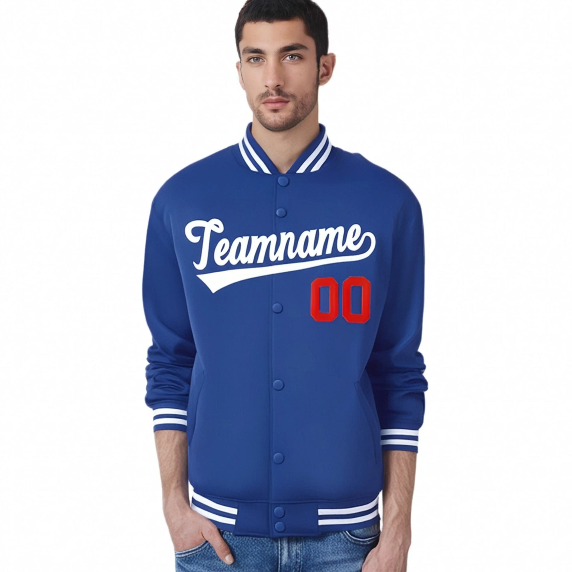 Custom Thunder Blue White-Red Bomber Full-Snap Varsity Letterman Jacket