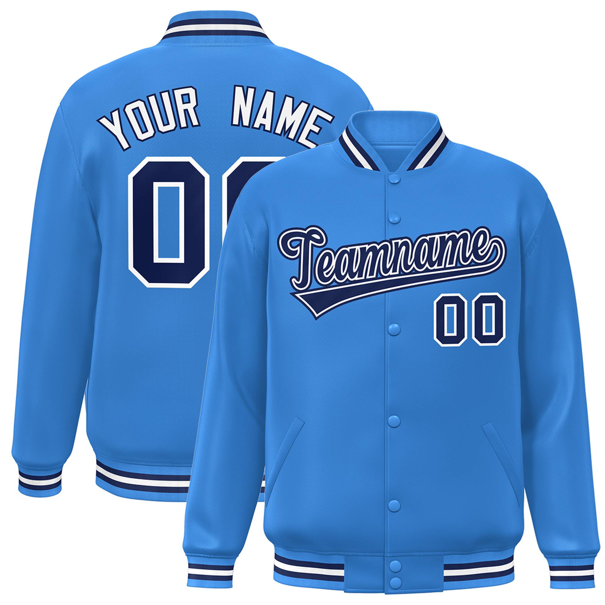 Custom Light Blue Navy-White Bomber Full-Snap Varsity Letterman Jacket