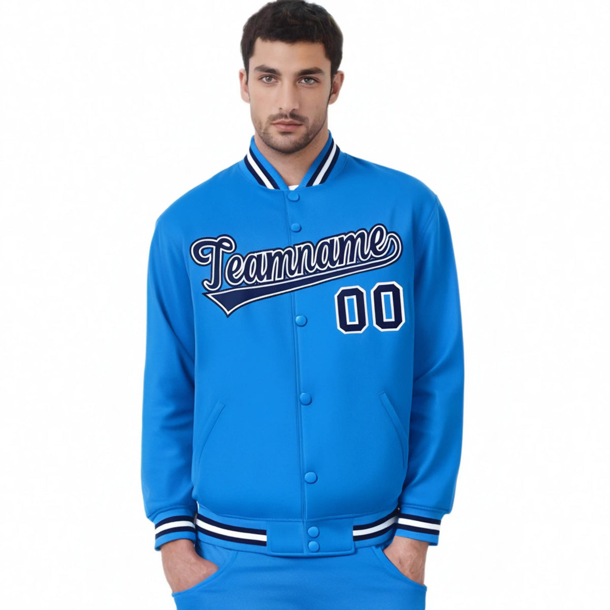 Custom Light Blue Navy-White Bomber Full-Snap Varsity Letterman Jacket