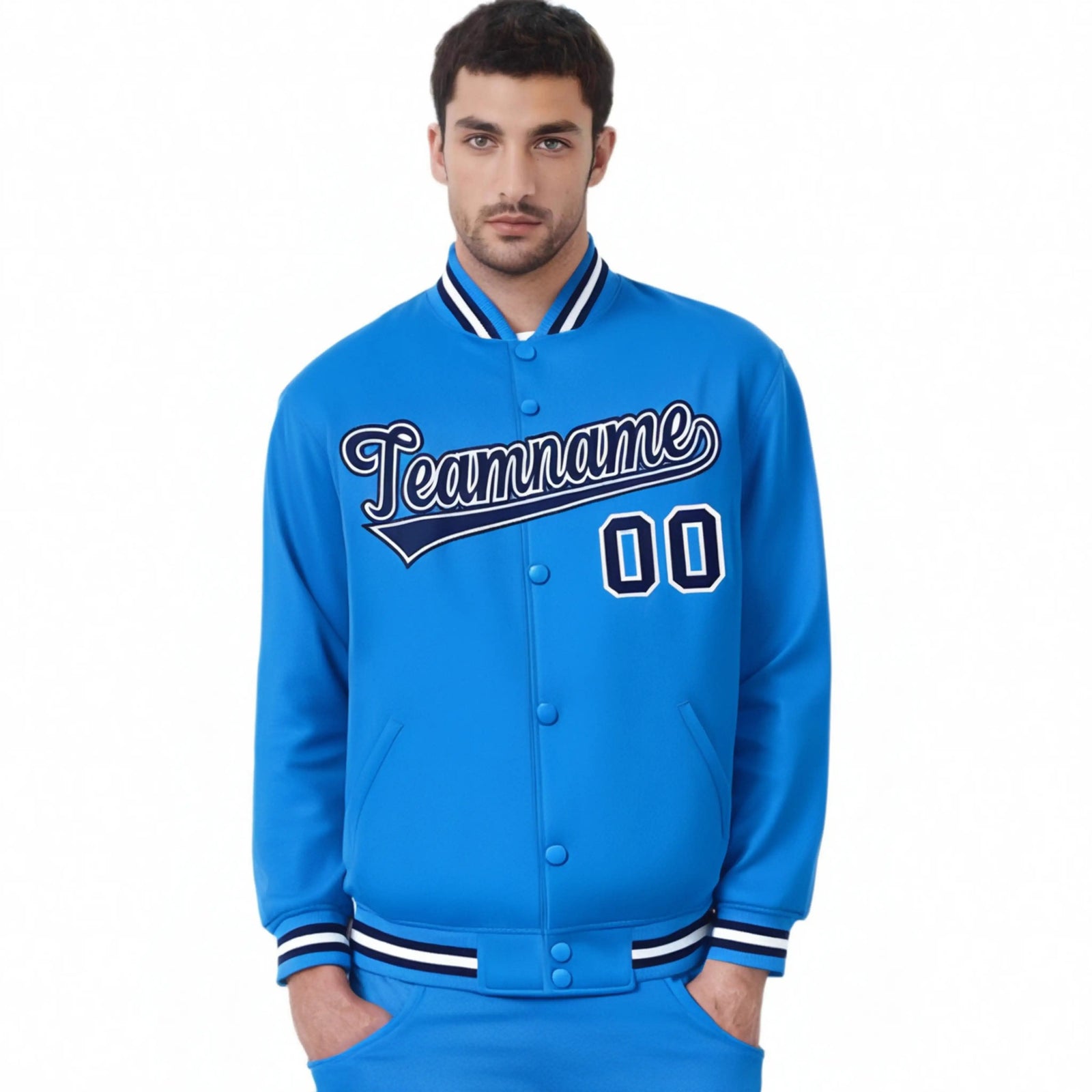 Custom Light Blue Navy-White Bomber Full-Snap Varsity Letterman Jacket