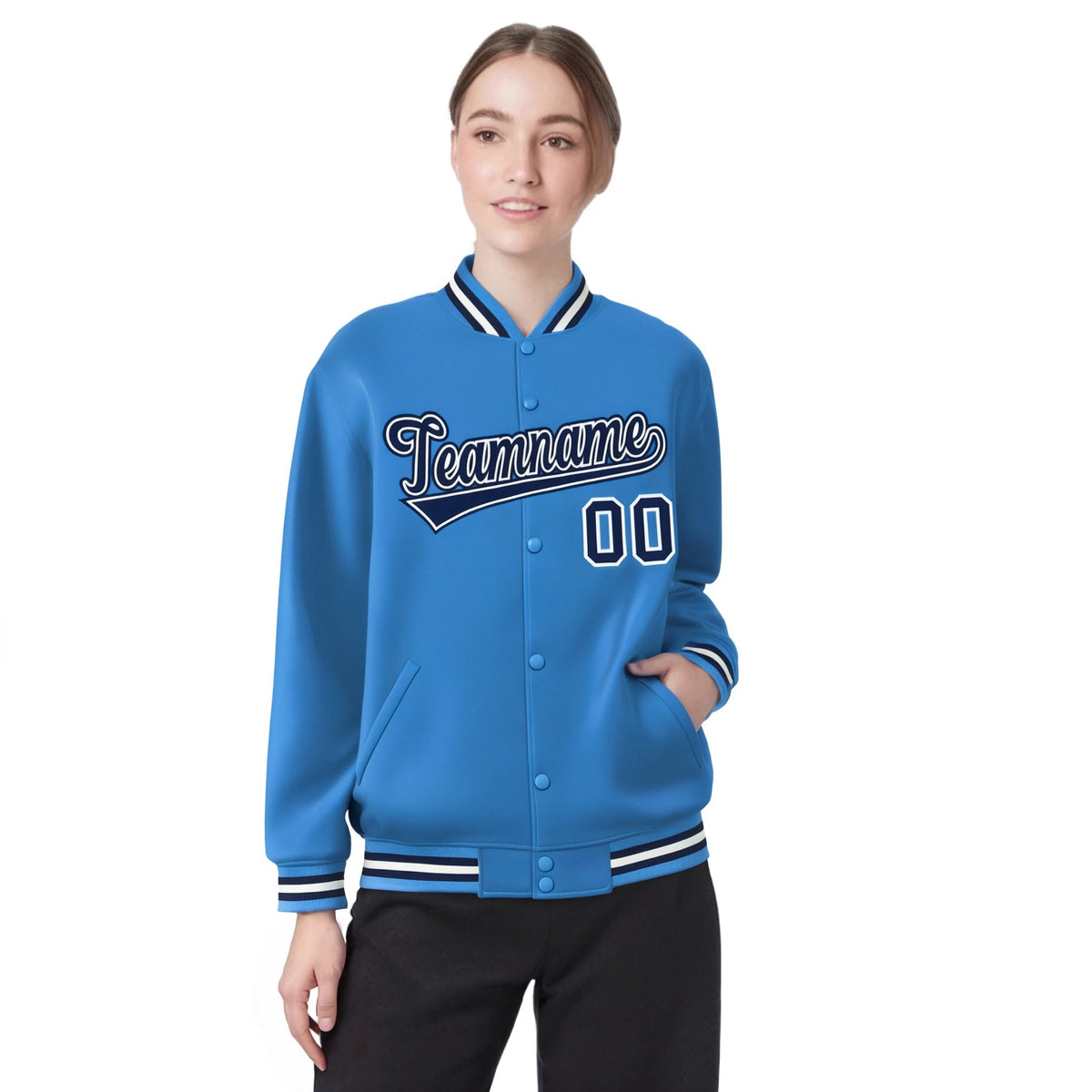 Custom Light Blue Navy-White Bomber Full-Snap Varsity Letterman Jacket