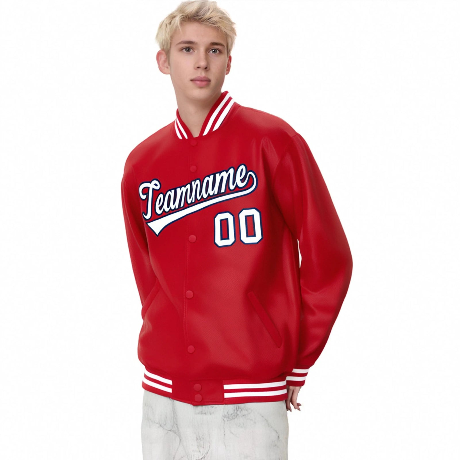 Custom Royal Red White-Black Bomber Full-Snap Varsity Letterman Jacket