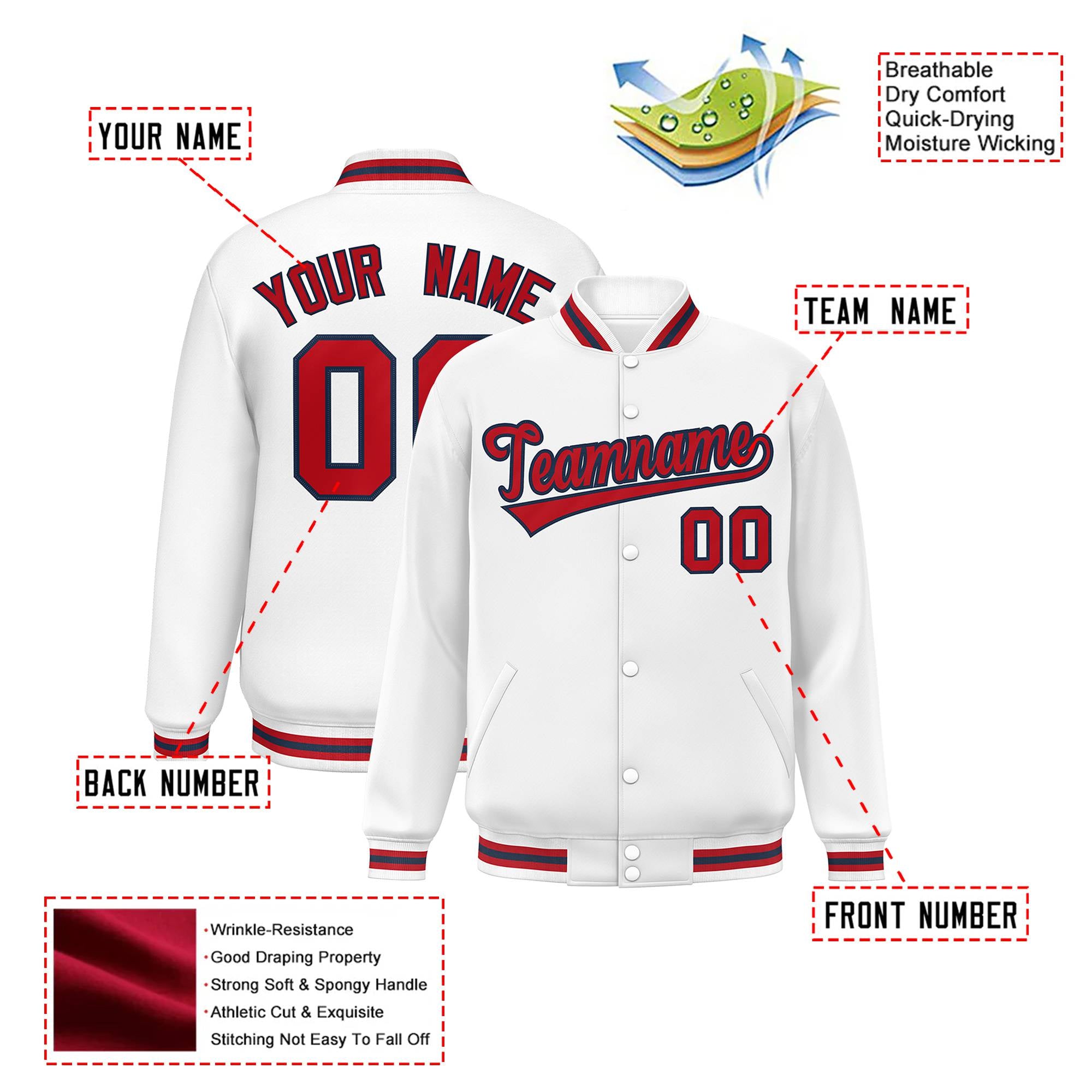 Custom White Red-Black Bomber Full-Snap Varsity Letterman Jacket