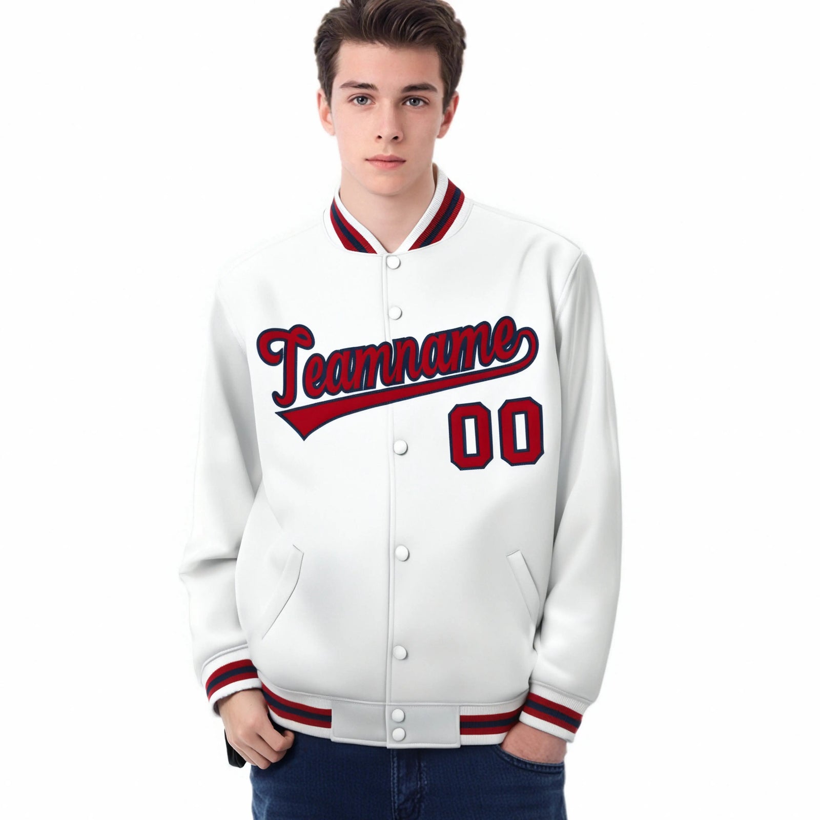 Custom White Red-Black Bomber Full-Snap Varsity Letterman Jacket