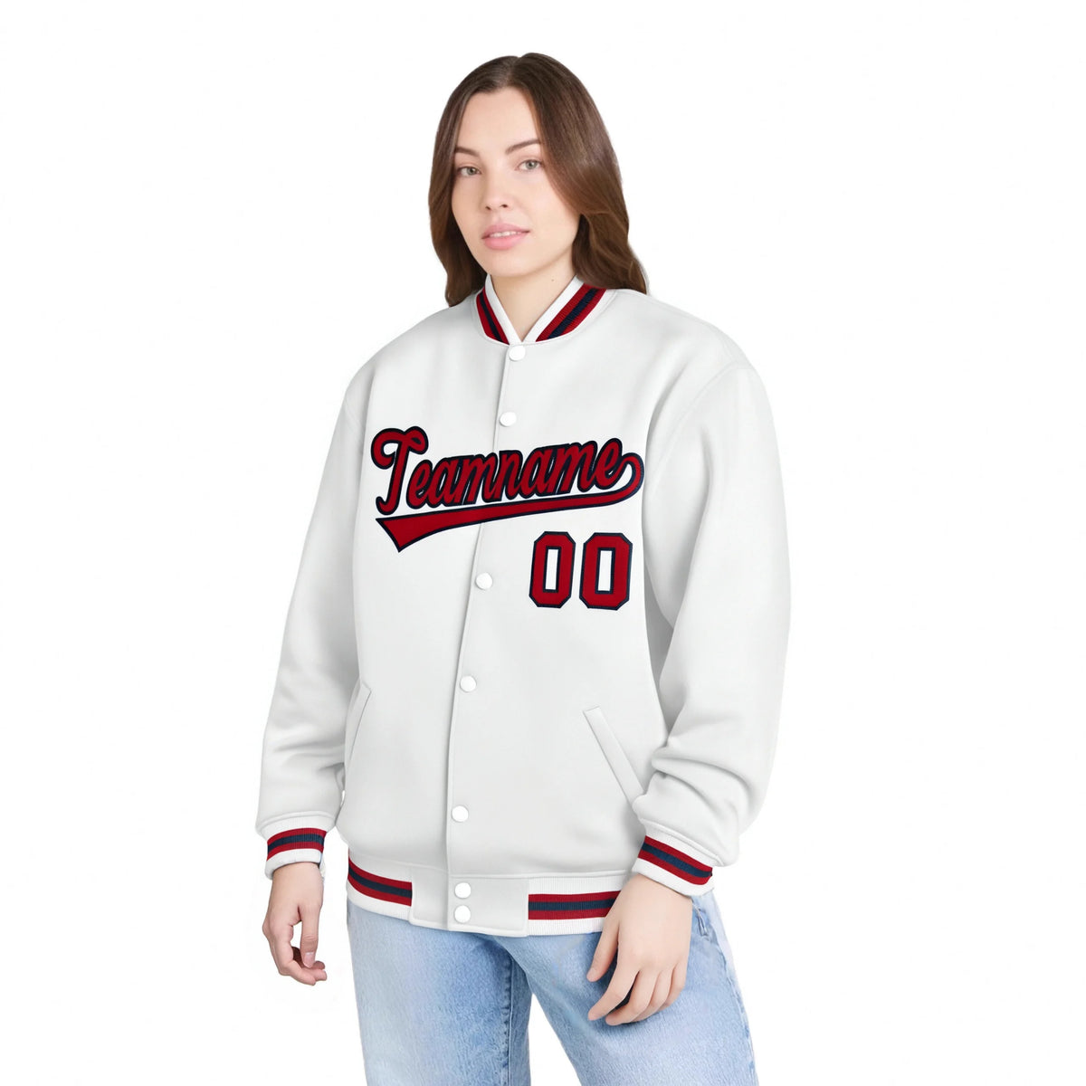 Custom White Red-Black Bomber Full-Snap Varsity Letterman Jacket