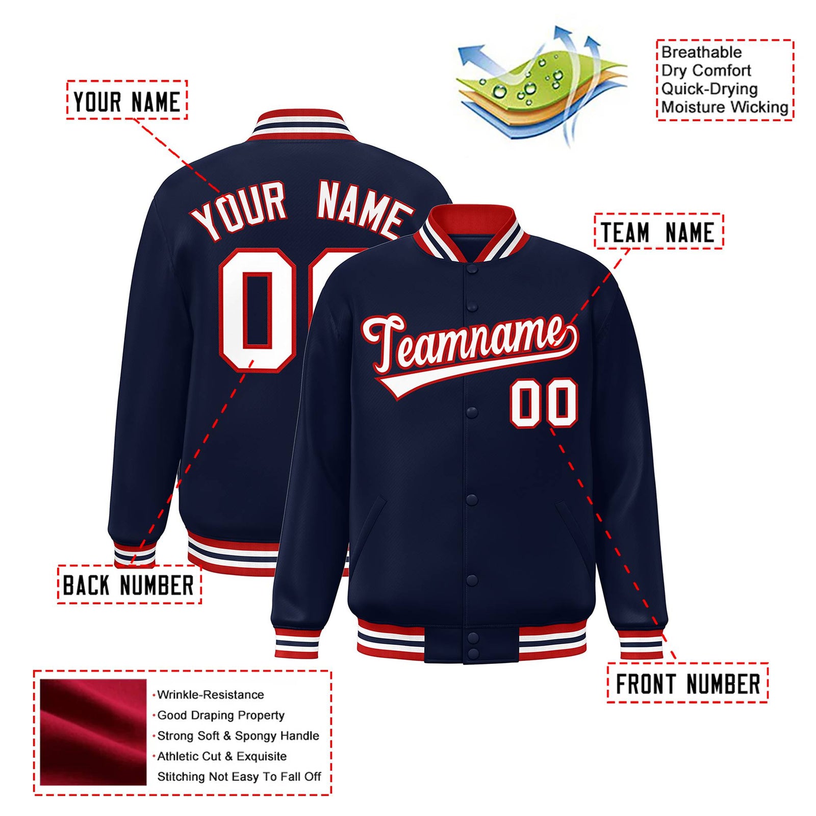 Custom Navy White-Red Bomber Full-Snap Varsity Letterman Jacket