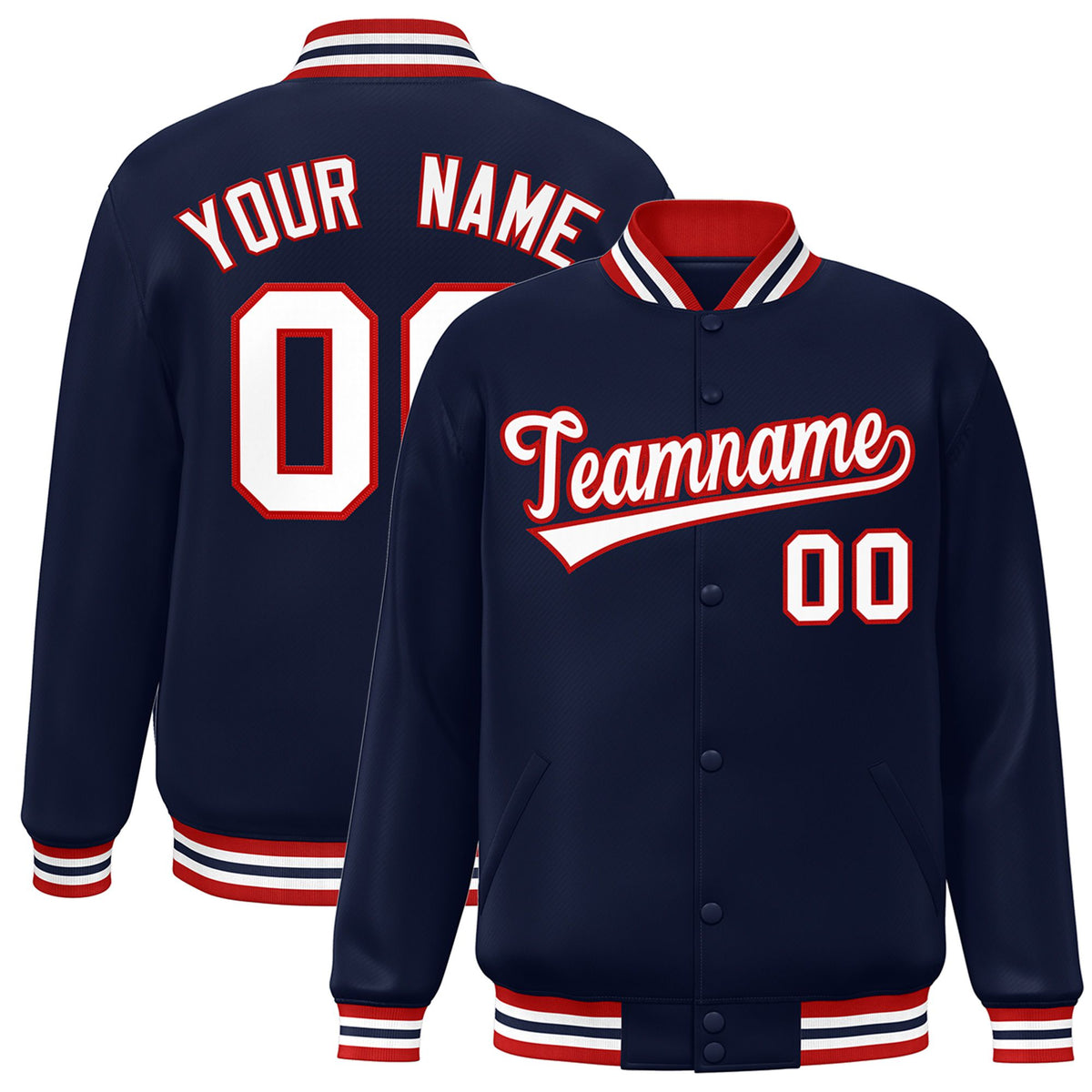 Custom Navy White-Red Bomber Full-Snap Varsity Letterman Jacket