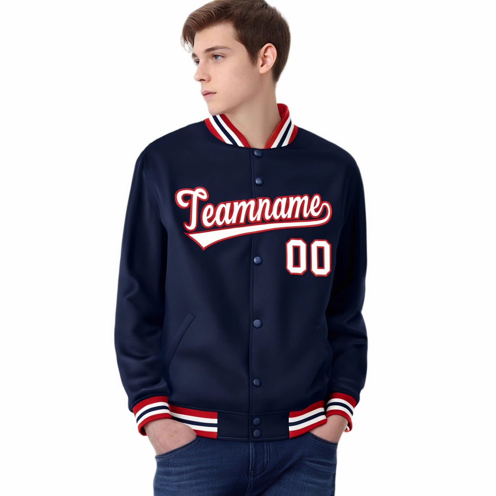 Custom Navy White-Red Bomber Full-Snap Varsity Letterman Jacket