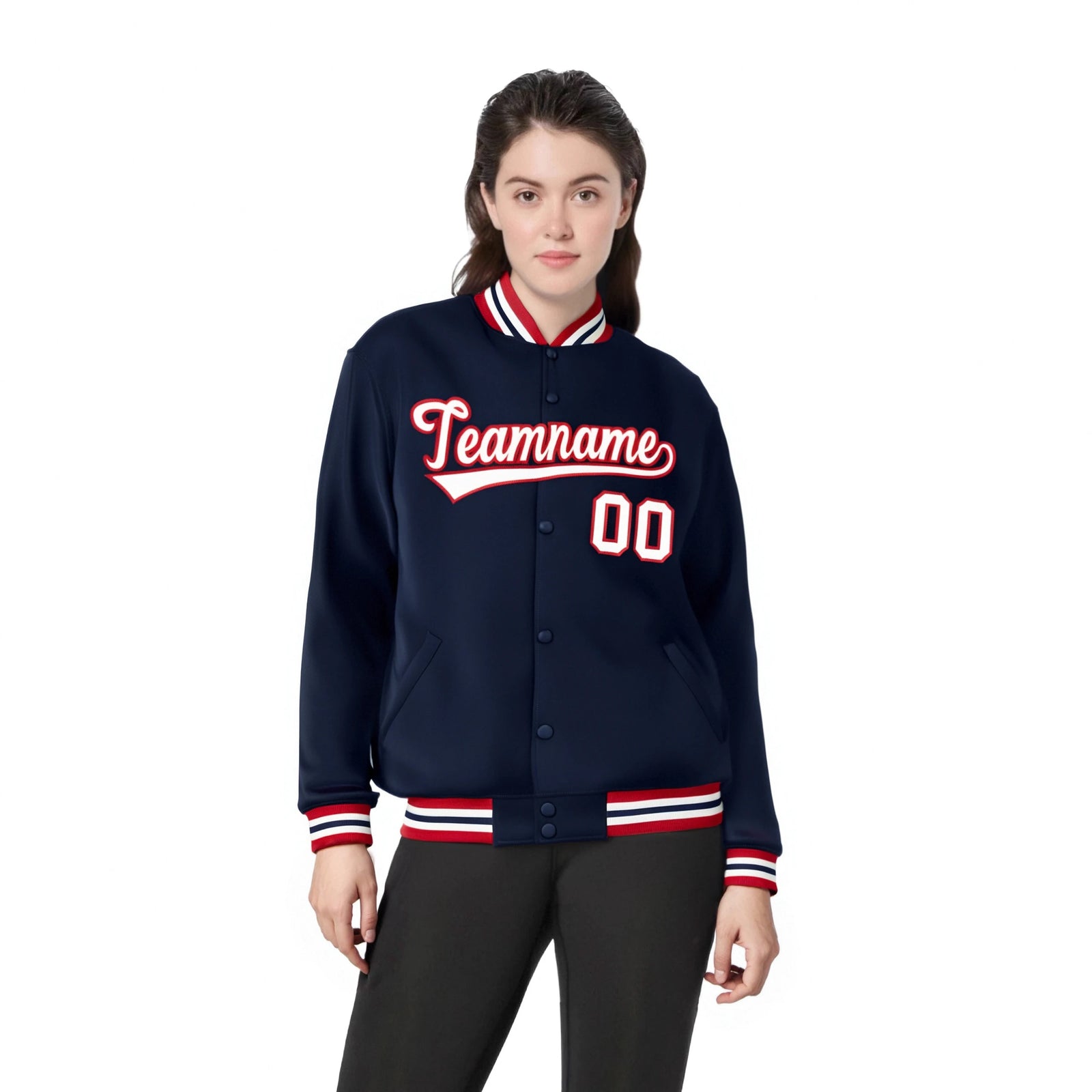 Custom Navy White-Red Bomber Full-Snap Varsity Letterman Jacket