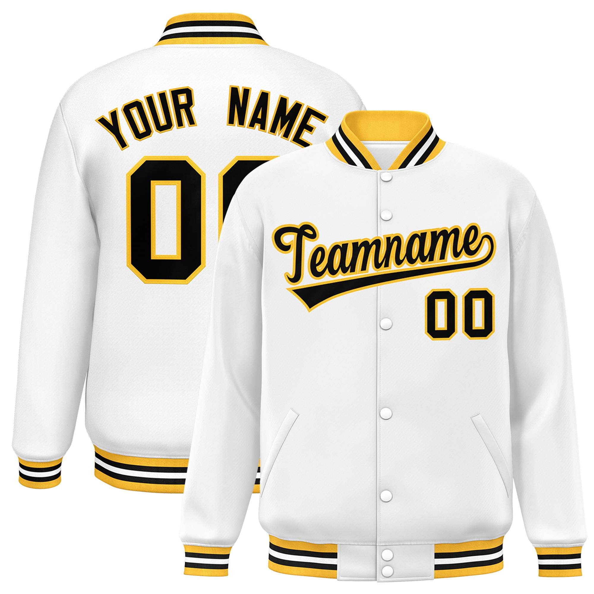 Custom White Black-Gold Bomber Full-Snap Varsity Letterman Jacket