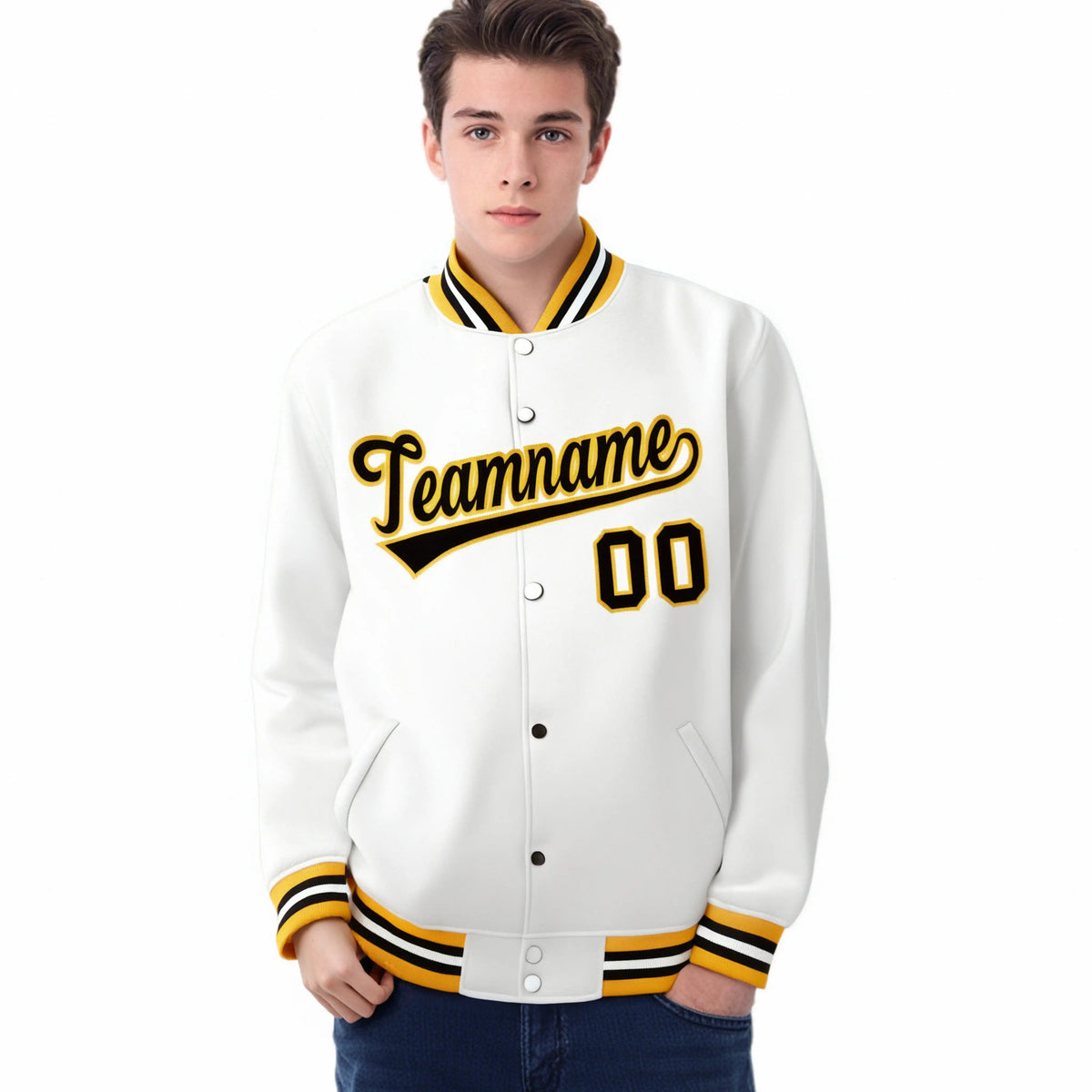 Custom White Black-Gold Bomber Full-Snap Varsity Letterman Jacket