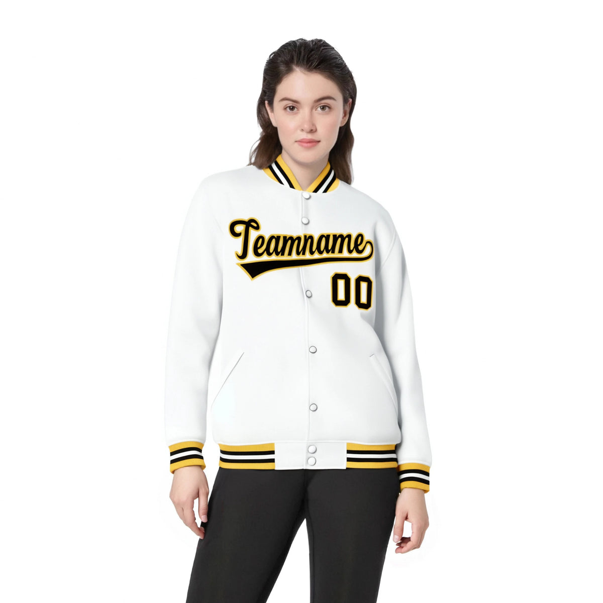 Custom White Black-Gold Bomber Full-Snap Varsity Letterman Jacket