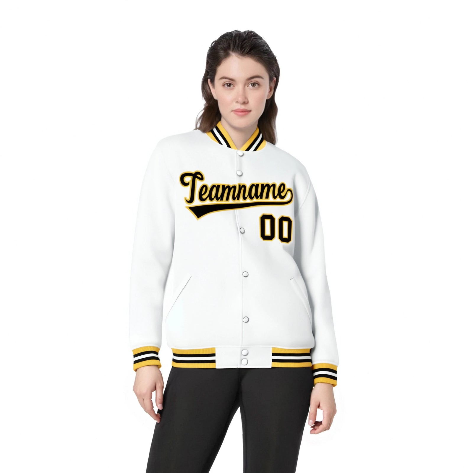 Custom White Black-Gold Bomber Full-Snap Varsity Letterman Jacket
