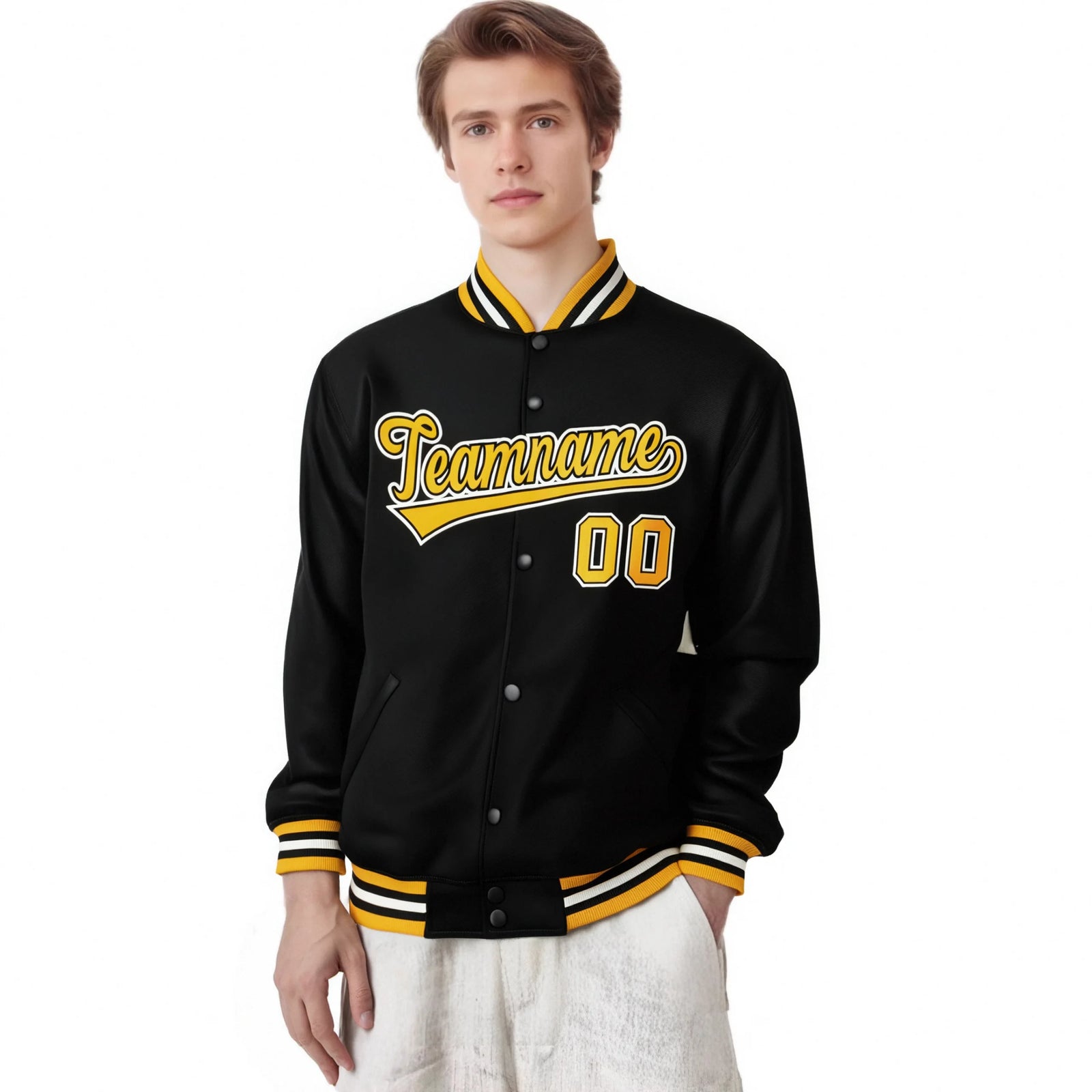 Custom Black Yellow-White Bomber Full-Snap Varsity Letterman Jacket