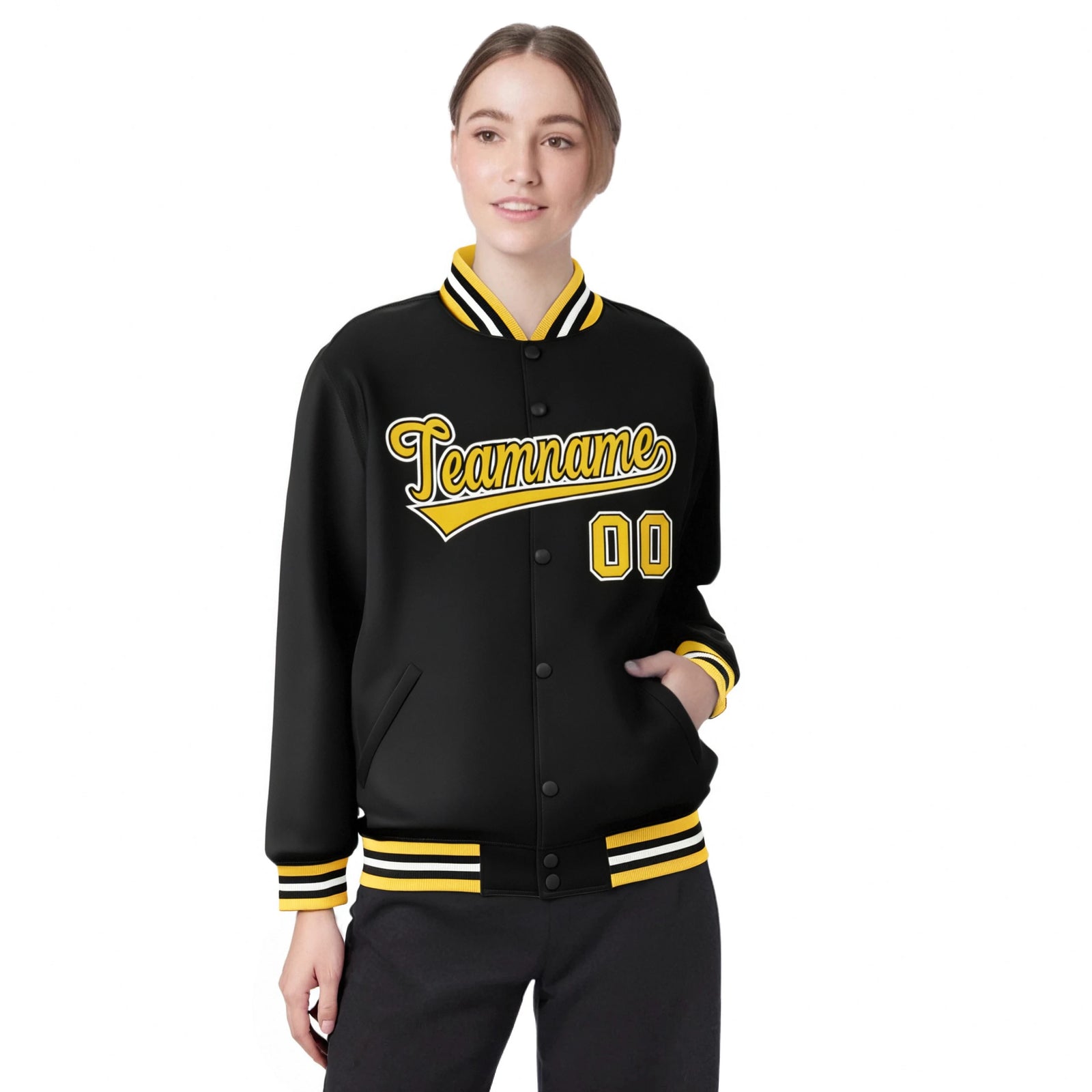 Custom Black Yellow-White Bomber Full-Snap Varsity Letterman Jacket