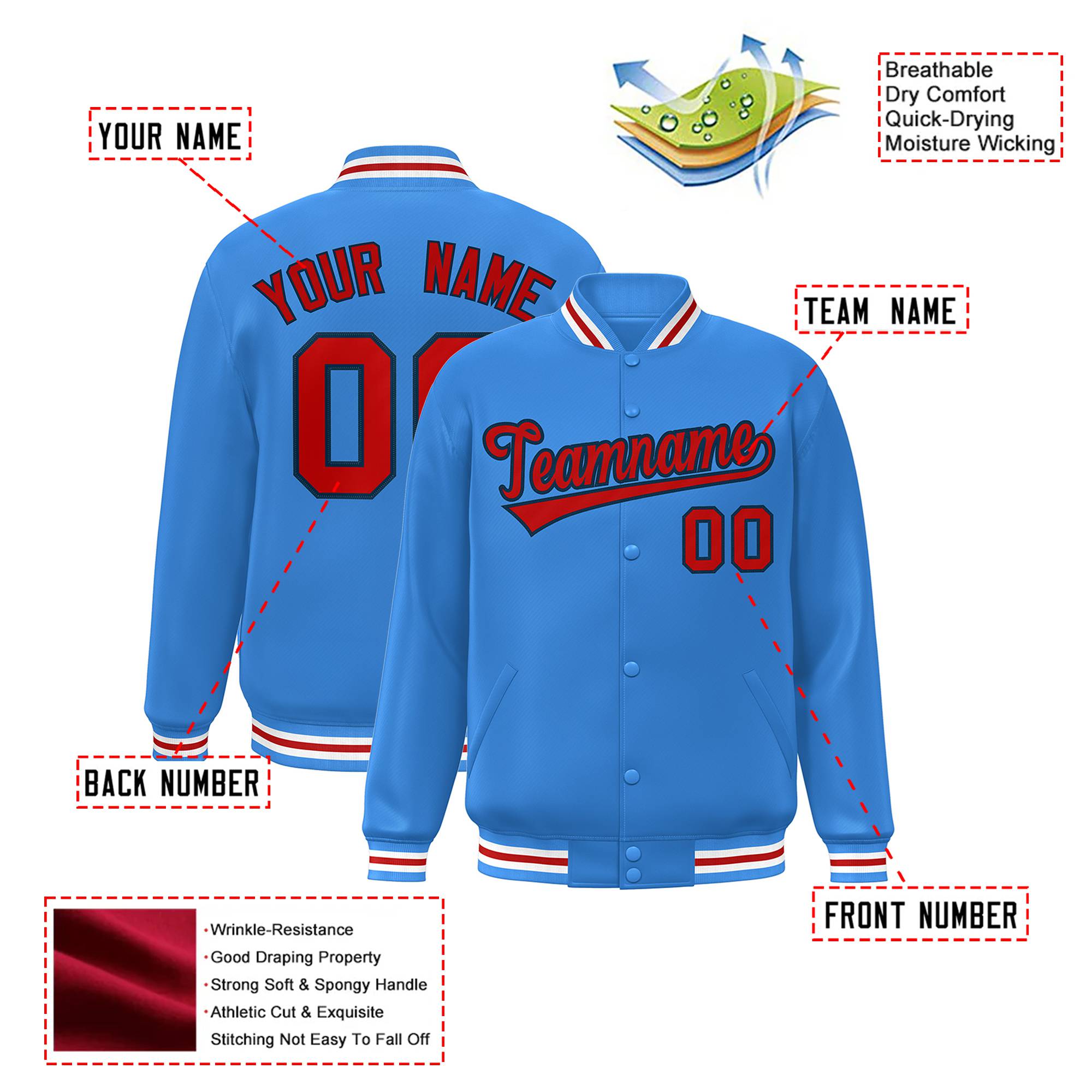 Custom Light Blue Red-White Bomber Full-Snap Varsity Letterman Jacket