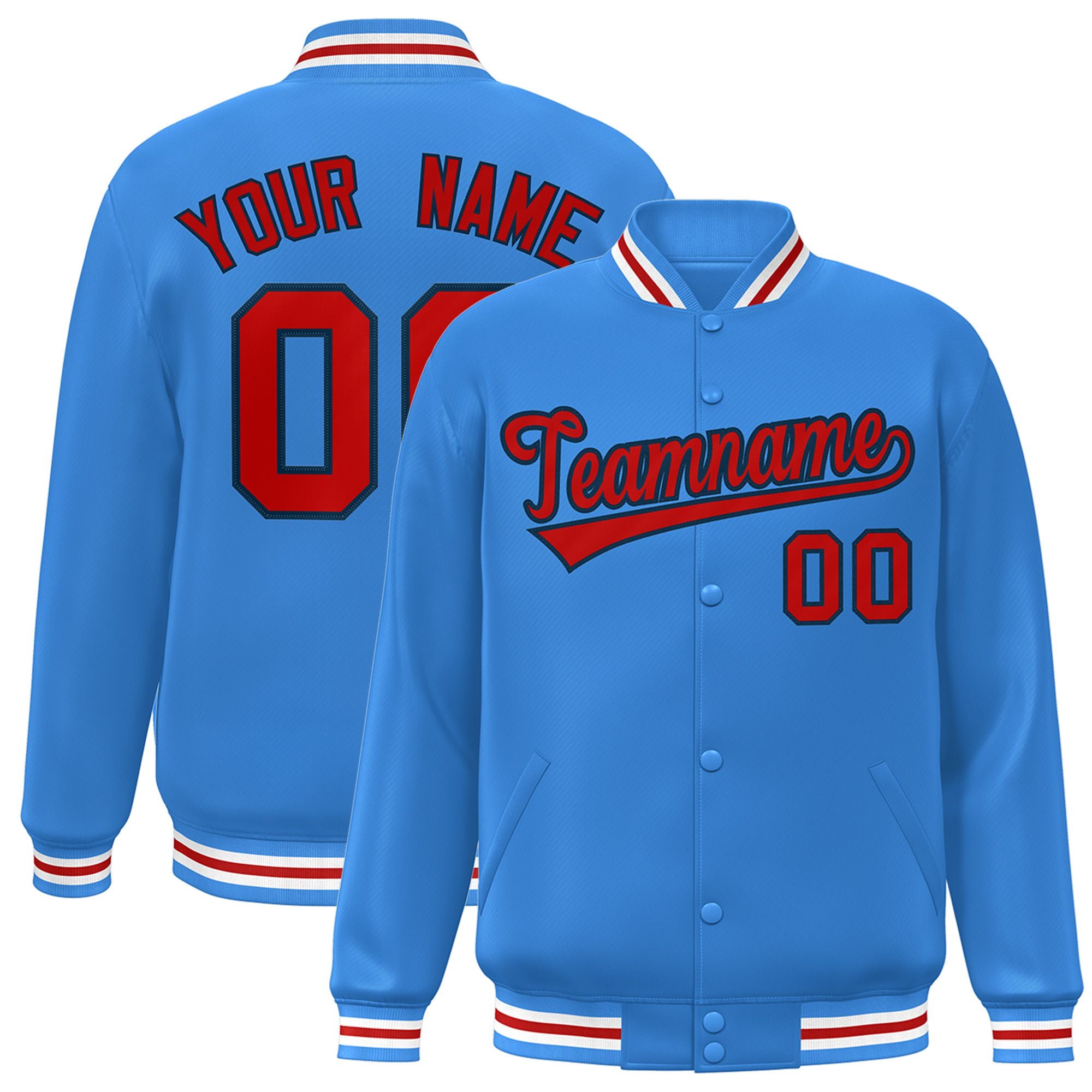 Custom Light Blue Red-White Bomber Full-Snap Varsity Letterman Jacket