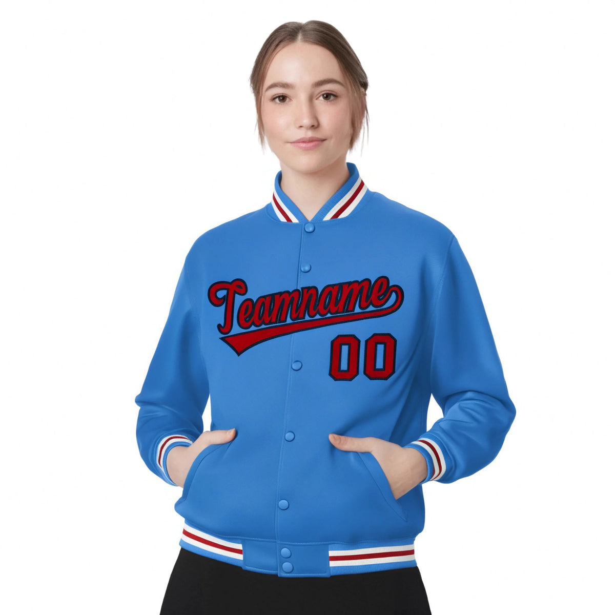Custom Light Blue Red-White Bomber Full-Snap Varsity Letterman Jacket