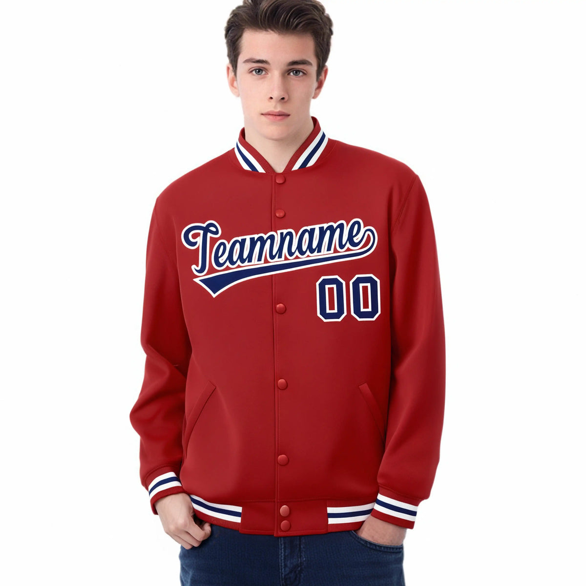 Custom Royal-Red Purple-White Bomber Full-Snap Varsity Letterman Jacket