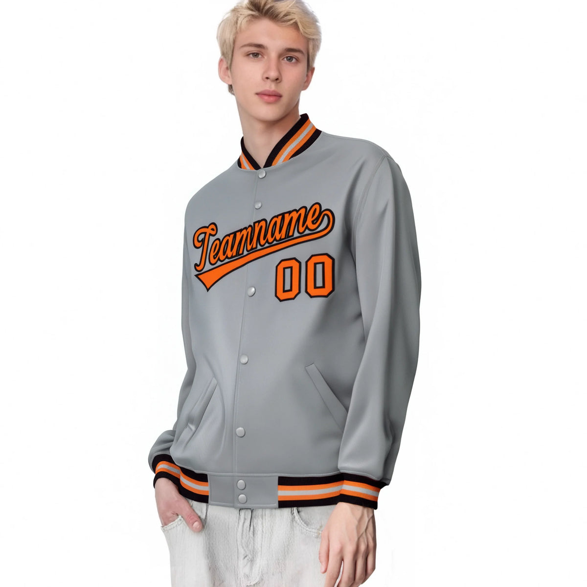 Custom Gray Orange-Black Bomber Full-Snap Varsity Letterman Jacket