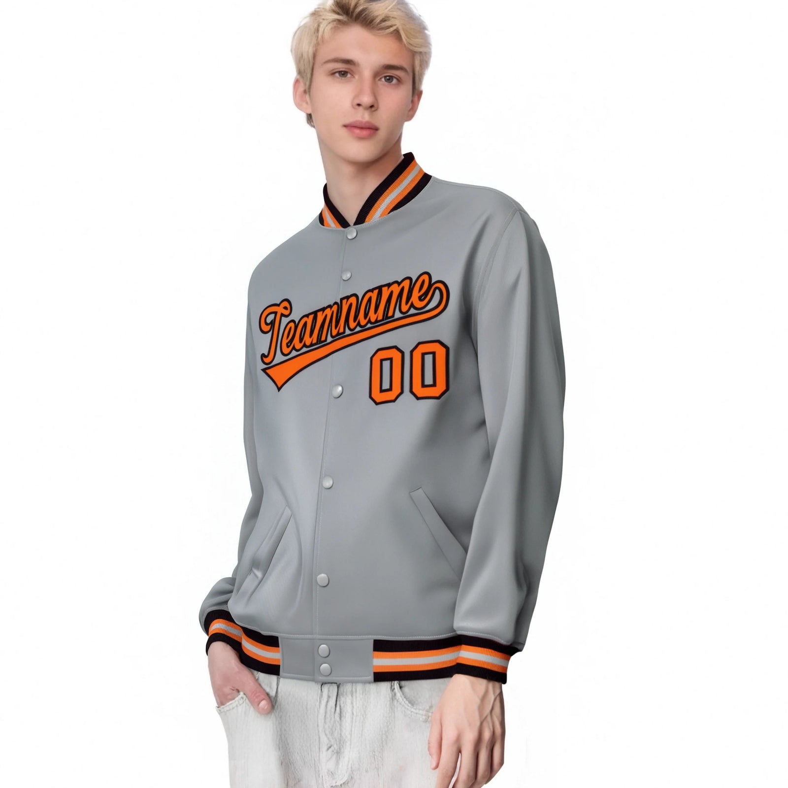 Custom Gray Orange-Black Bomber Full-Snap Varsity Letterman Jacket