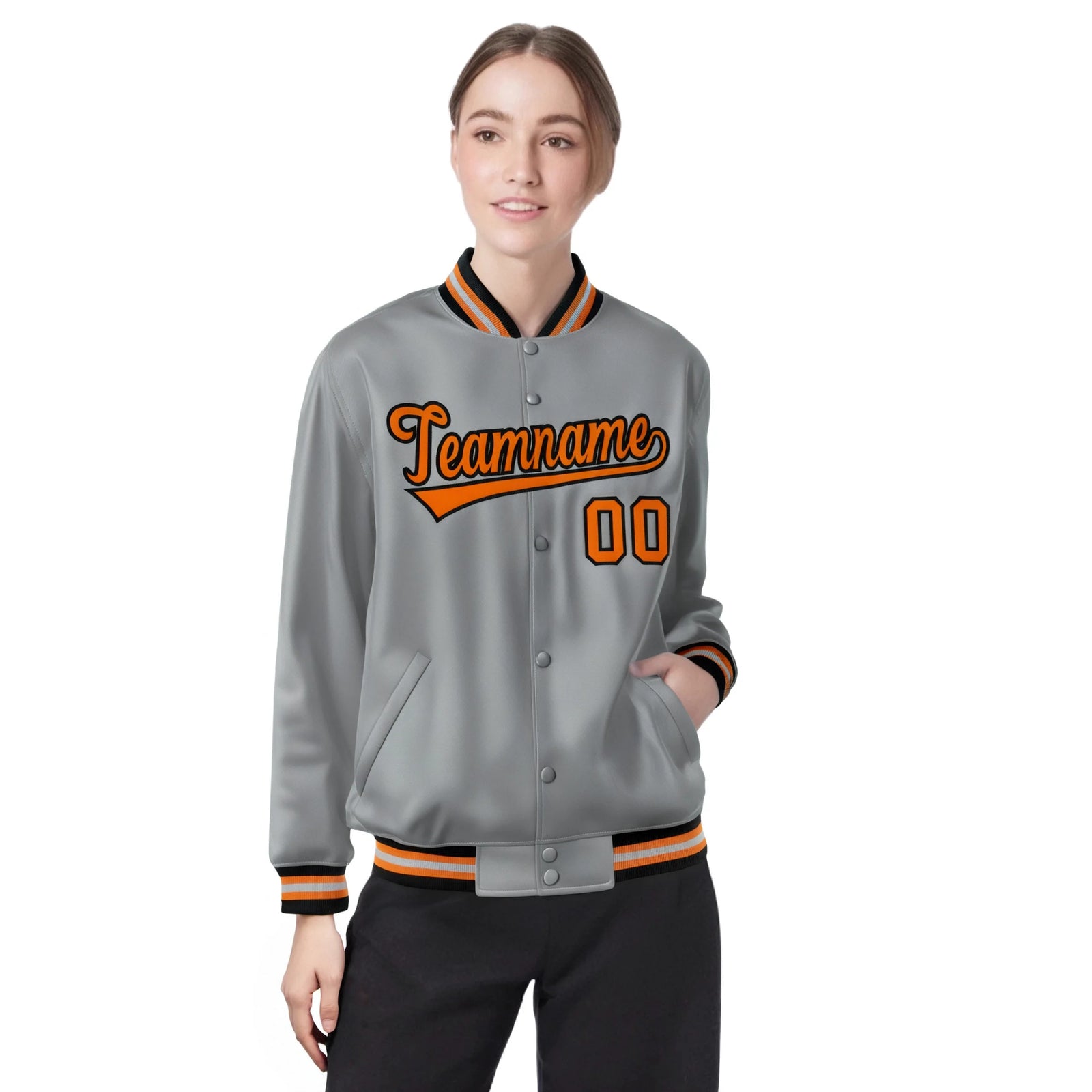 Custom Gray Orange-Black Bomber Full-Snap Varsity Letterman Jacket