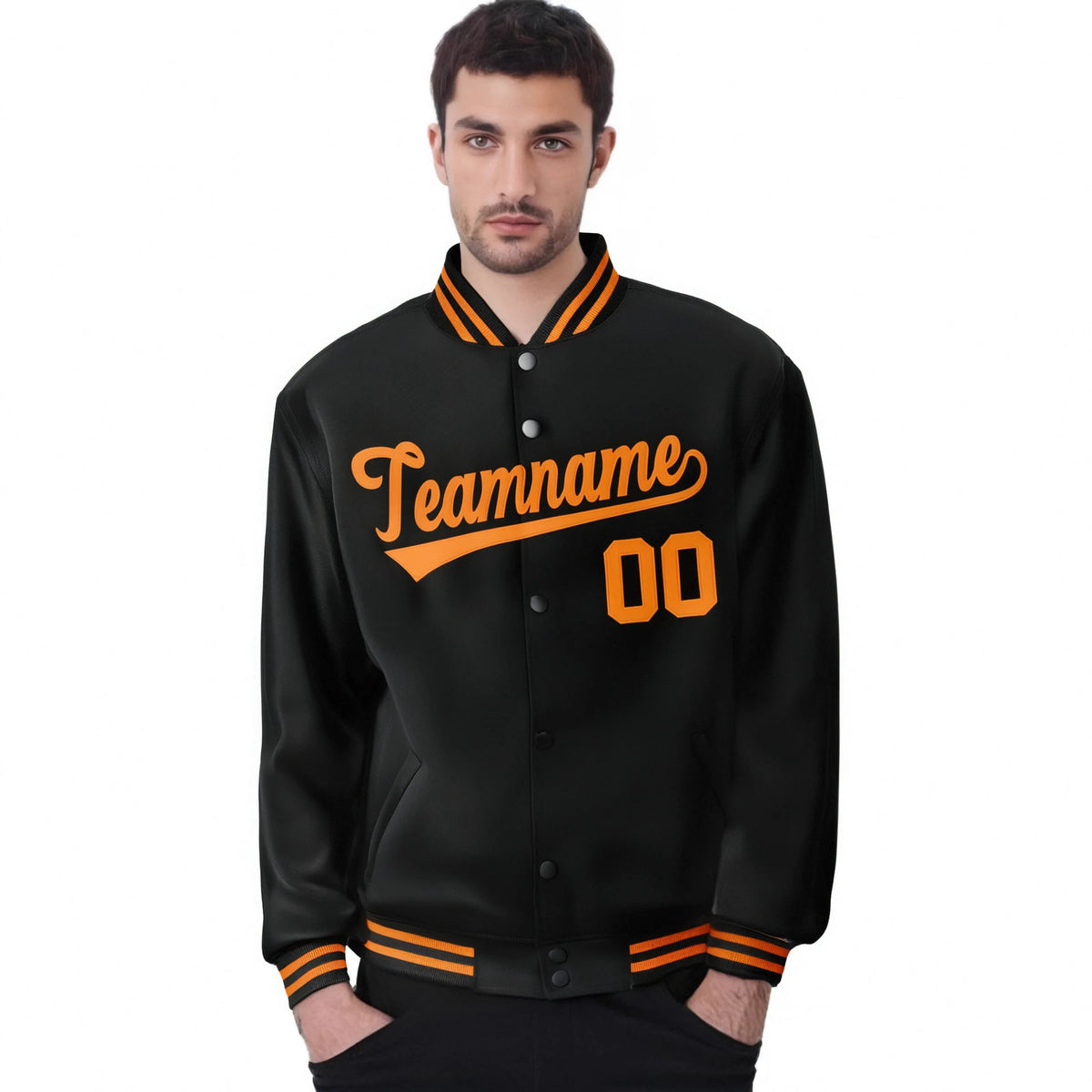 Custom Black Orange Bomber Full-Snap Varsity Letterman Jacket