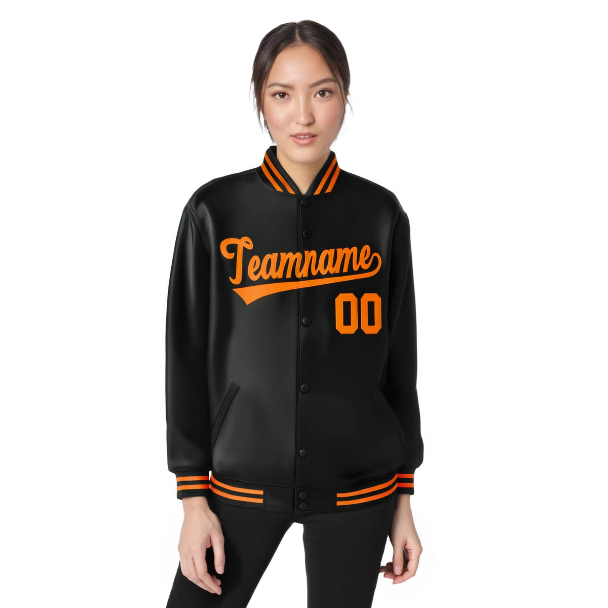 Custom Black Orange Bomber Full-Snap Varsity Letterman Jacket