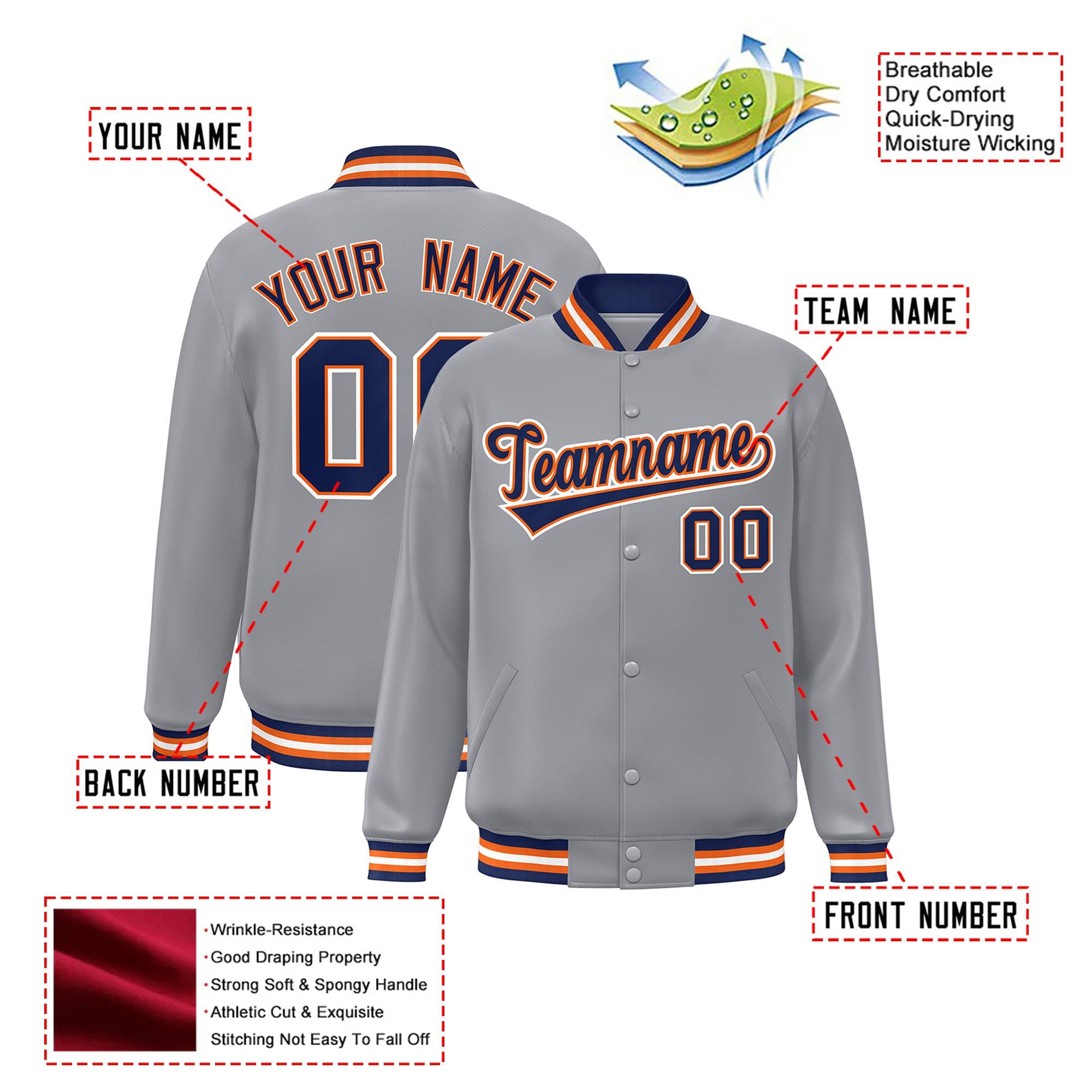 Custom Gray Navy-Orange Bomber Full-Snap Varsity Letterman Jacket