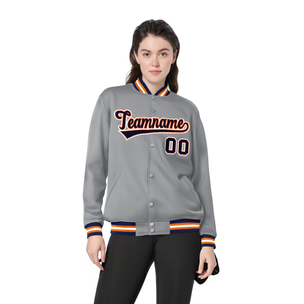 Custom Gray Navy-Orange Bomber Full-Snap Varsity Letterman Jacket